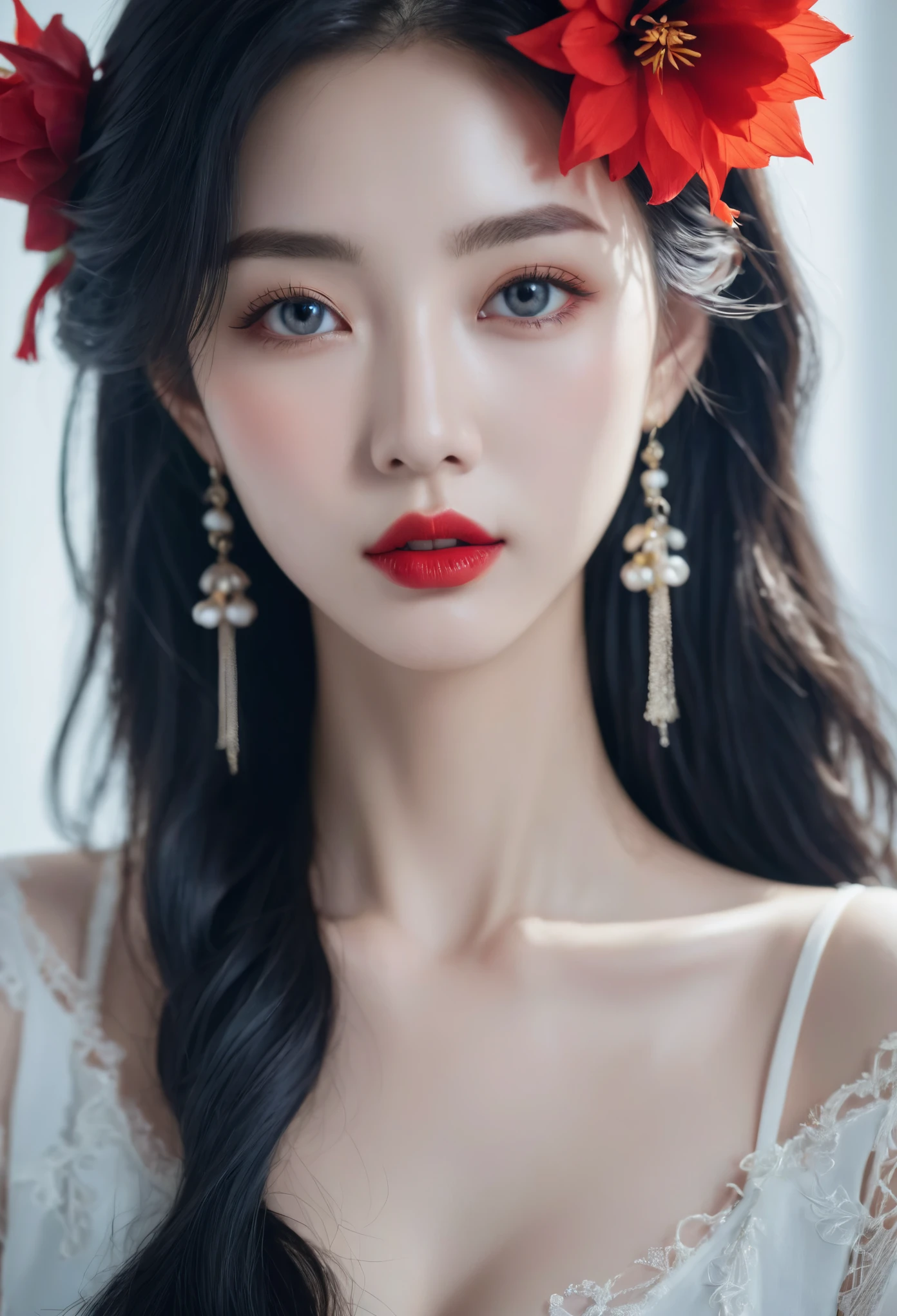 (RAW photo, 4k, realistic, ),masterpiece,best quality,unity 8k wallpaper,ultra detailed,cinematic look,natural skin texture,cinematic angle,Fujifilm XT3,(highlydetailed),(detailed lighting),(contrast),(mysterious atmosphere),vivid illumination,masterful technique,harmonious composition,immersive atmosphere,stunning visuals
1girl,arien photography,chinese art photography,1girl,solo,hair ornament,black hair,jewelry,earrings,holding,red flower,looking at viewer,long hair,spider lily,red lips,black eyes,makeup,portrait,eyelashes,lips,lipstick,hair flower,blue eyes,tassel,upper body,parted lips,