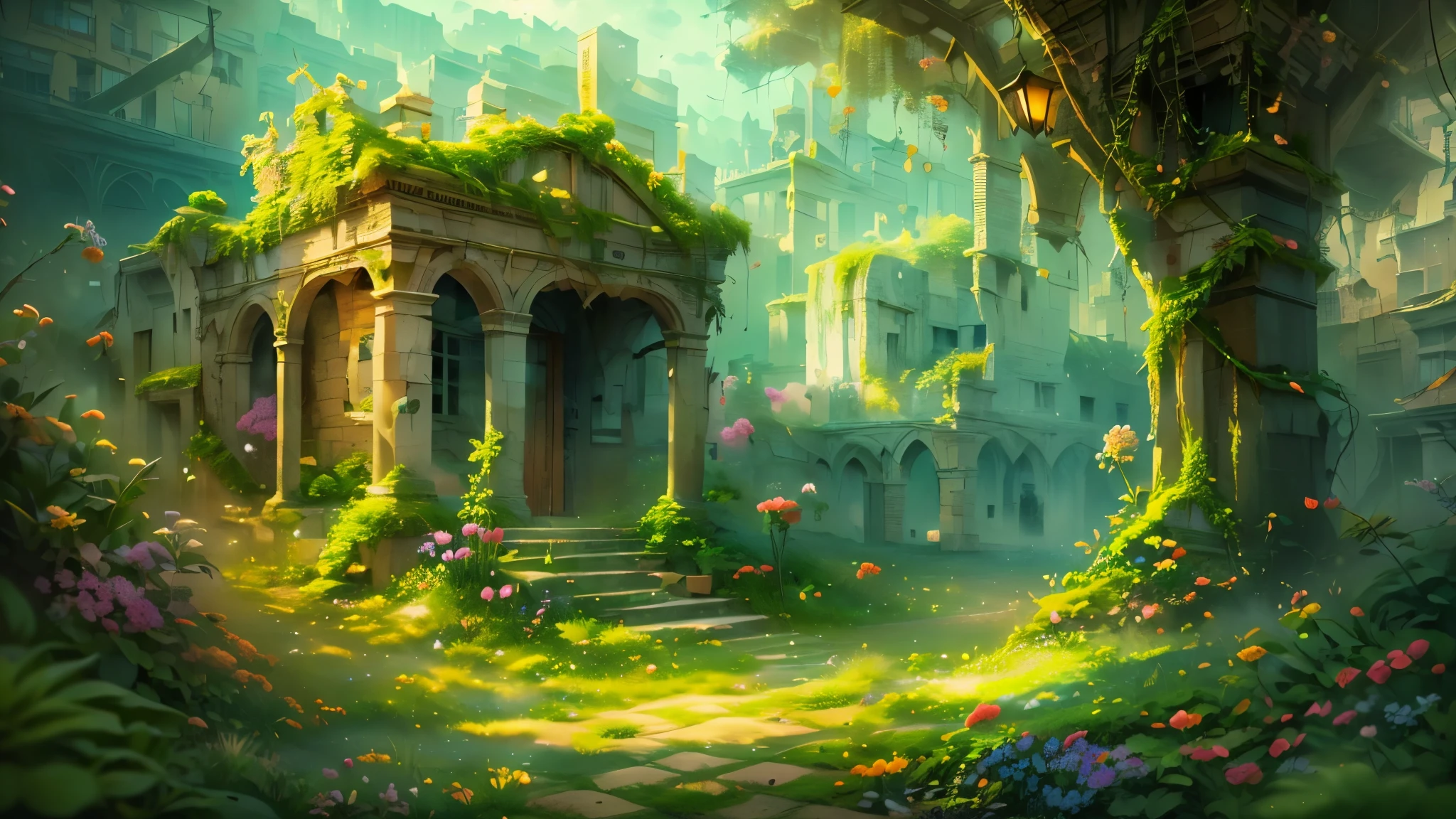 Masterpiece, best quality, 8k, panoramic view, ancient ruins, shadows of decaying houses and paintings, witnesses of once great wealth, colorful flora and fauna, ethereal atmosphere, ethereal light, whispering trees, magical whispers, harmony of nature, ethereal magic ,