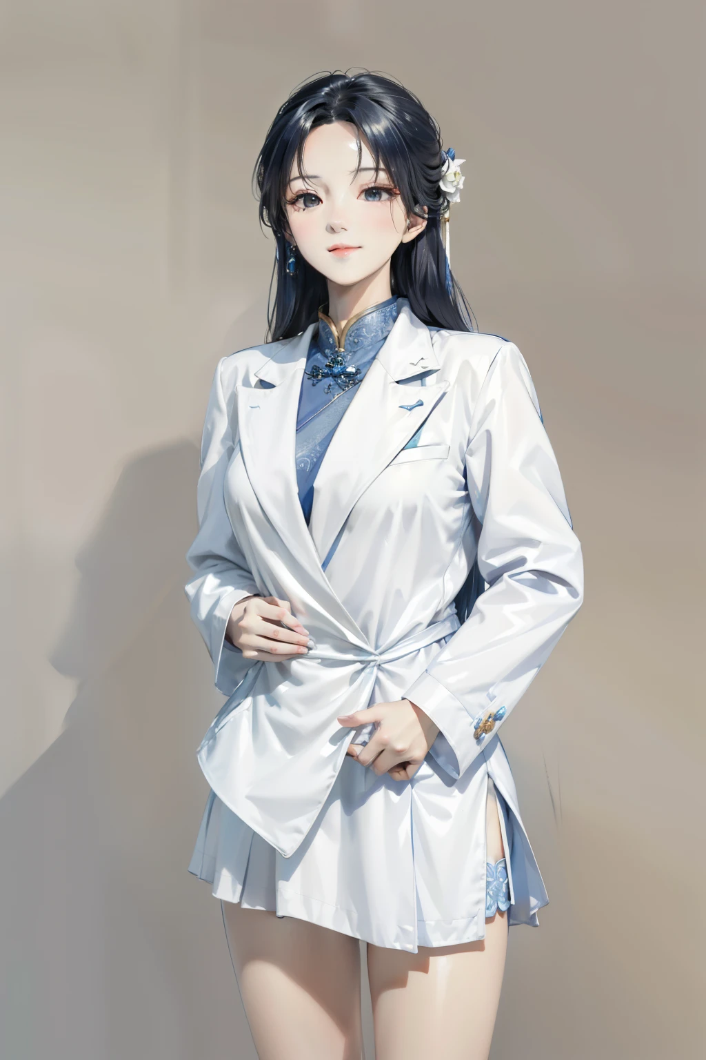 a close up of a woman in a white suit and a blue shirt, Li Zhien, Li Zhien, wearing white suit, Cui Xianhua, Tsai Chongxin style, Shin Min Jung, white suit, Chiho Ajima, louise zhang, full body xianxia, Sun Yunzhu, Minami Zaiwa, Parking Distance - Minutes Smile and Relax