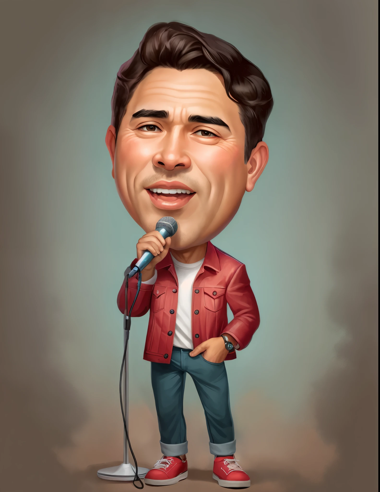 a close up of a cartoon man with a microphone in his hand, caricature illustration, in cartoon style, caricature style, portrait, realistic cartoon, cartoon art, an Indonesian portrait, caricature, digital art cartoon, portrait, cartoon art style 