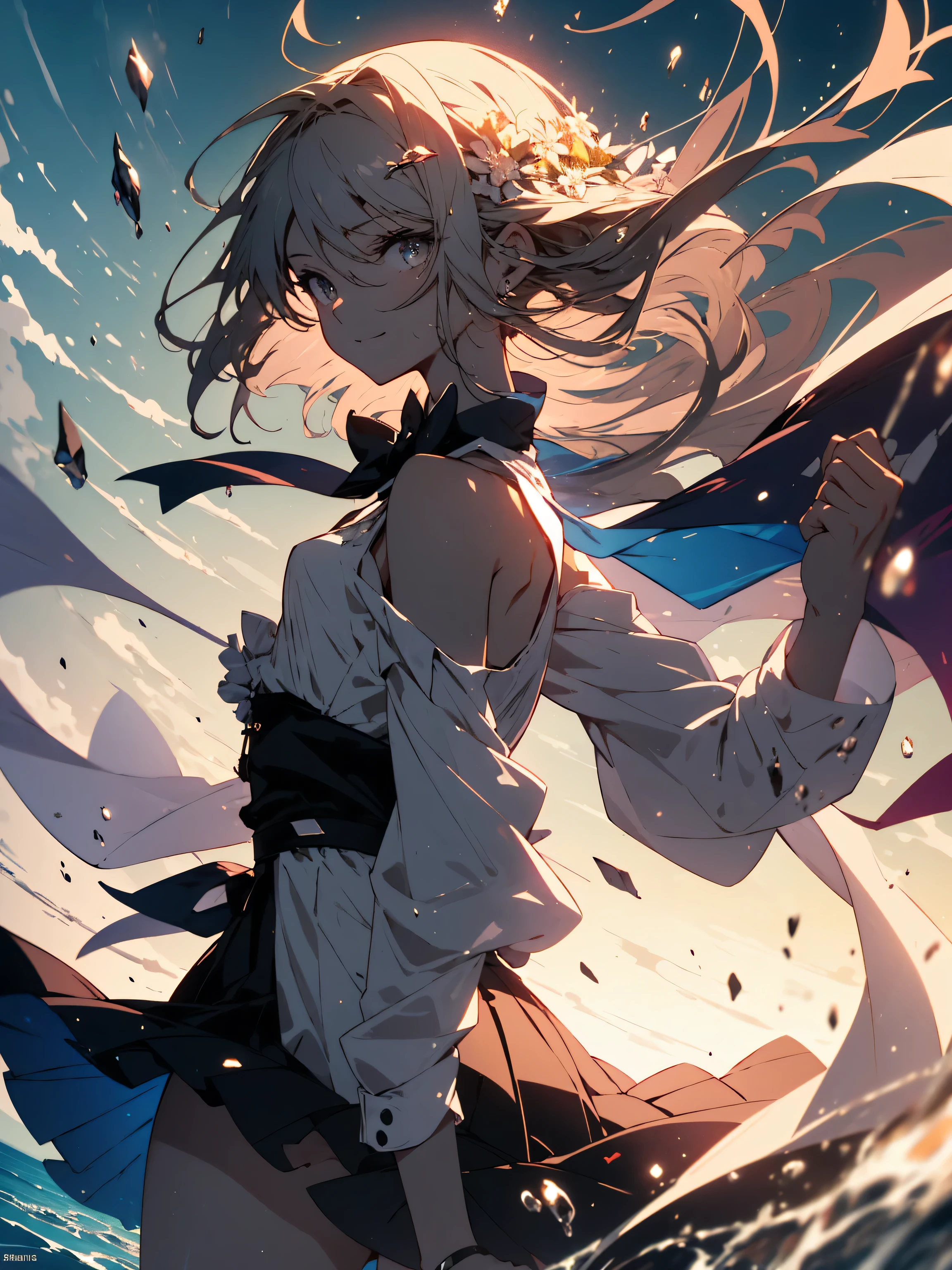 NSFW,((masterpiece)),(((highest quality))),((Super detailed)),((((Anime-like)))),((messy hair)),((frills)),(1 girl),(alone),smile、sex from behind, (((butt focus))),,lipstick,dynamic angle,big sleeves,floating,beautiful detailed sky,beautiful fine water,detailed and beautiful eyes,exposed,(fist),No expression,blunt side bangs,hair between eyes,ribbon,A bow tie,button,bare shoulders,(((small breasts))),fine wet clothes,gaping face,pleated skirt,flowers 、beautiful anime