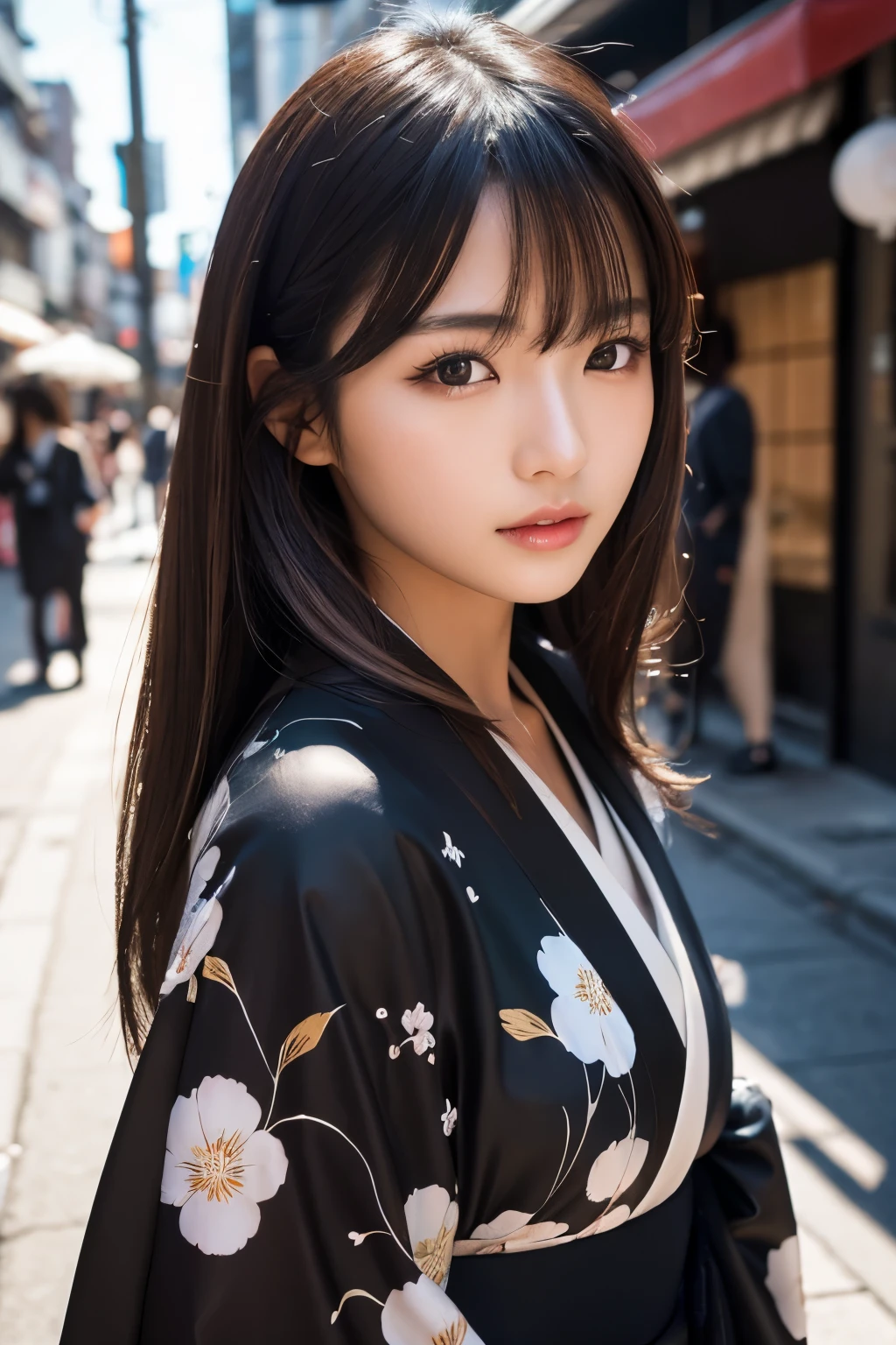 Beautiful Japanese supermodel woman, A lock of hair with slight highlights, black eyes, Sexy，street background，Gorgeous kimono , Liquid color flows across her face, Shooting against the light，Perfect facial lighting，mixed media