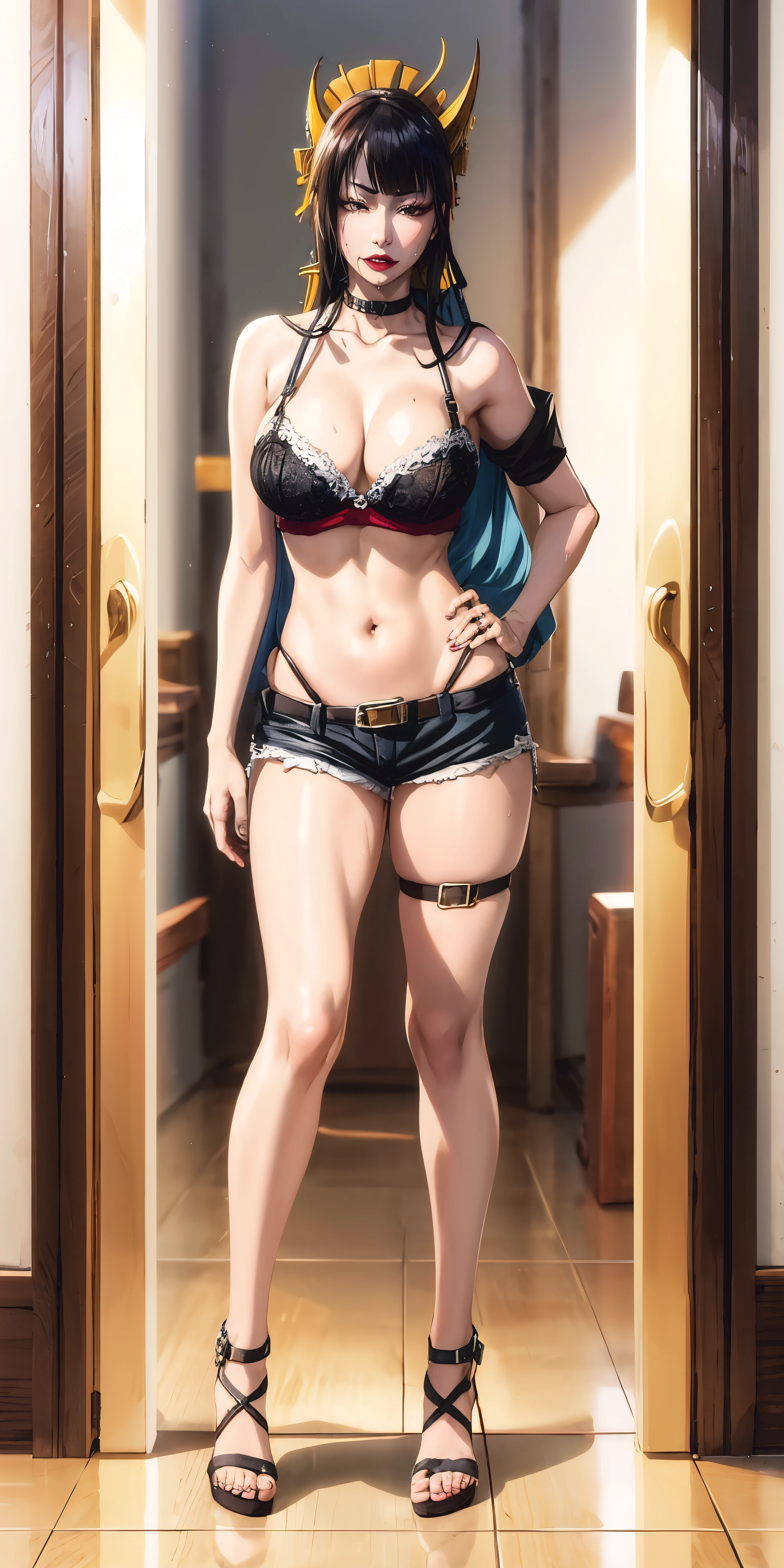 senjumaru shutara, long hair, bangs, blunt bangs, black hair, sidelocks, (black eyes:1.5), makeup, lipstick, red lipstick, huge breasts, curvy, anatomically correct, muscular female, best quality, masterpiece, high quality, high details, highres, HD, breasts, 1girl, shorts, navel, solo, looking_at_viewer, large_breasts, thigh_strap, cleavage, standing, full_body, collarbone, bare_shoulders, jewelry, sidelocks, choker, black_bra, underwear, closed_mouth, bra, high_heels, earrings, stomach, belt, hand_on_hip, armlet, excessive pubic hair, pubic hair peek, nsfw,"glow effects, godrays, Hand drawn, render, 8k, octane render, cinema 4d, blender, dark, atmospheric 4k ultra detailed, cinematic, Sharp focus, big depth of field, Masterpiece, colors, 3d octane render, 4k, concept art, trending on artstation, hyperrealistic, Vivid colors, extremely detailed CG unity 8k wallpaper, trending on CGSociety, Intricate, High Detail, dramatic", (shaded face:1.2), hollow eyes, brown eyes, looking at viewer, heavy breathing, seductive smile, upper teeth, lipstick, lips, sweating,