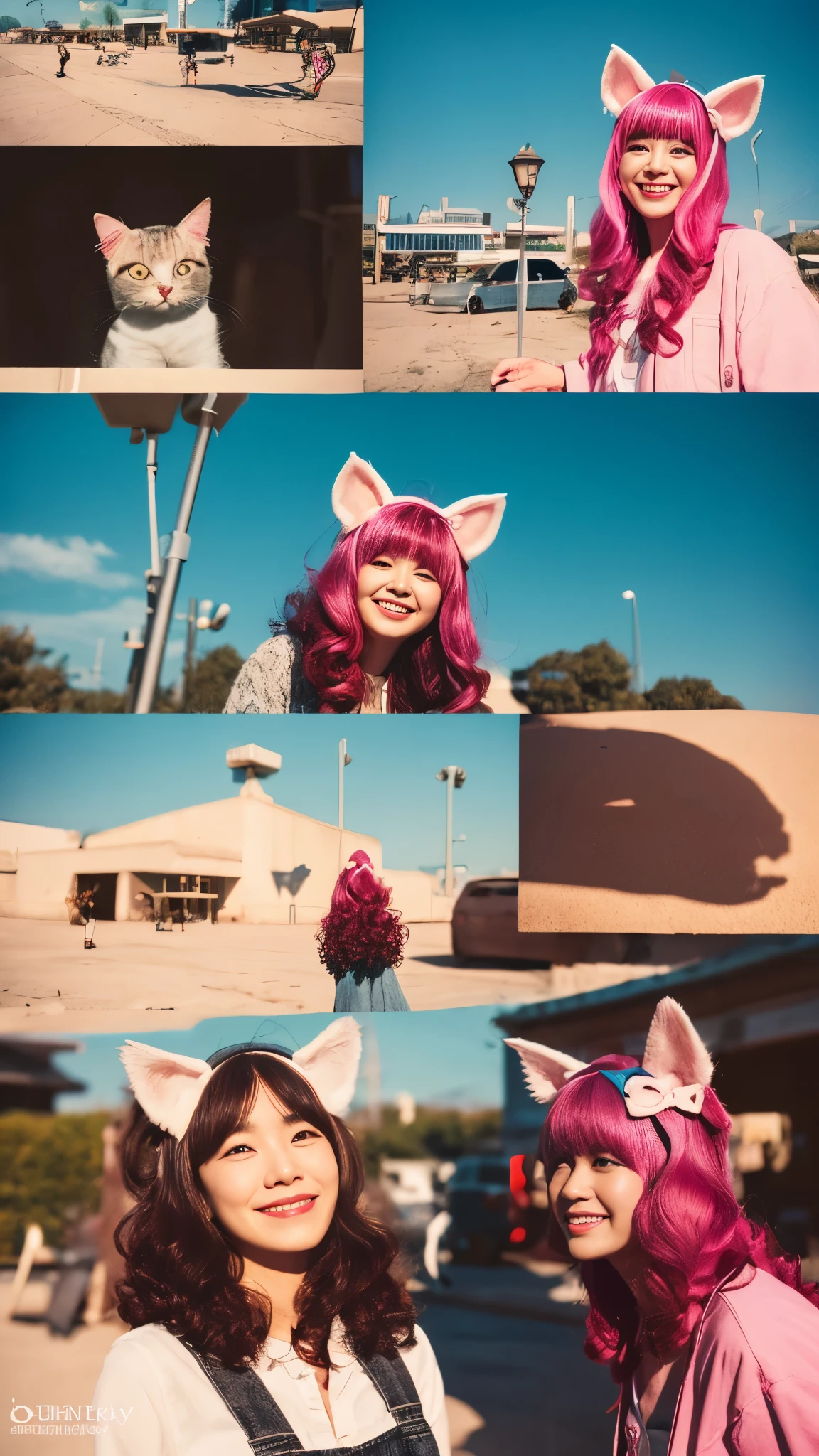 fake animal ears, light smile, ear blush, tooth, pink hair, bangs, curly hair, side blade, Hello, beret, animal ears, Cat ear, surrealism, cast a shadow, anaglyph, stereogram, tachi-e, throw, atmospheric perspective, 8K, Super detailed, Accurate, highest quality