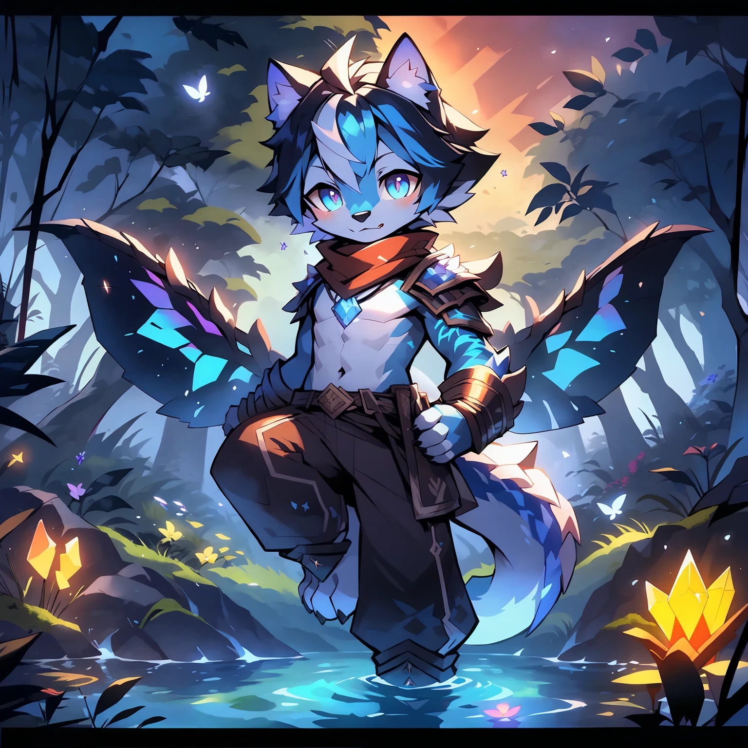 (Dark environment 0.8),cold shades,shadowing,tmasterpiece,best qualtiy,complexdetails,the night,Highest definition,Fantastical colors,depth of fields,woodland,waterfallr,rivulets,butterflys,Fluorescence,water purification,Flowers,bushes,moss,Full body like,Wolf boy,Shota,blue colors、Purple and black tones,Paw pads,Anti-joint,Luminous pattern,Wolf ears,blend,Plush tail,scaled armor,shorter pants,Tattoo of scales,Star pattern,Shiny scale powder,short detailed hair,scarf,shorter pants,stars,Heterochromatic pupil,Vertical pupils,feater,flight,Floating,Luminescent tattoo,eye detailed,Butterfly wings,crystal,Insect Lepidoptera,Detailed pupils,Full body like,Neck villi