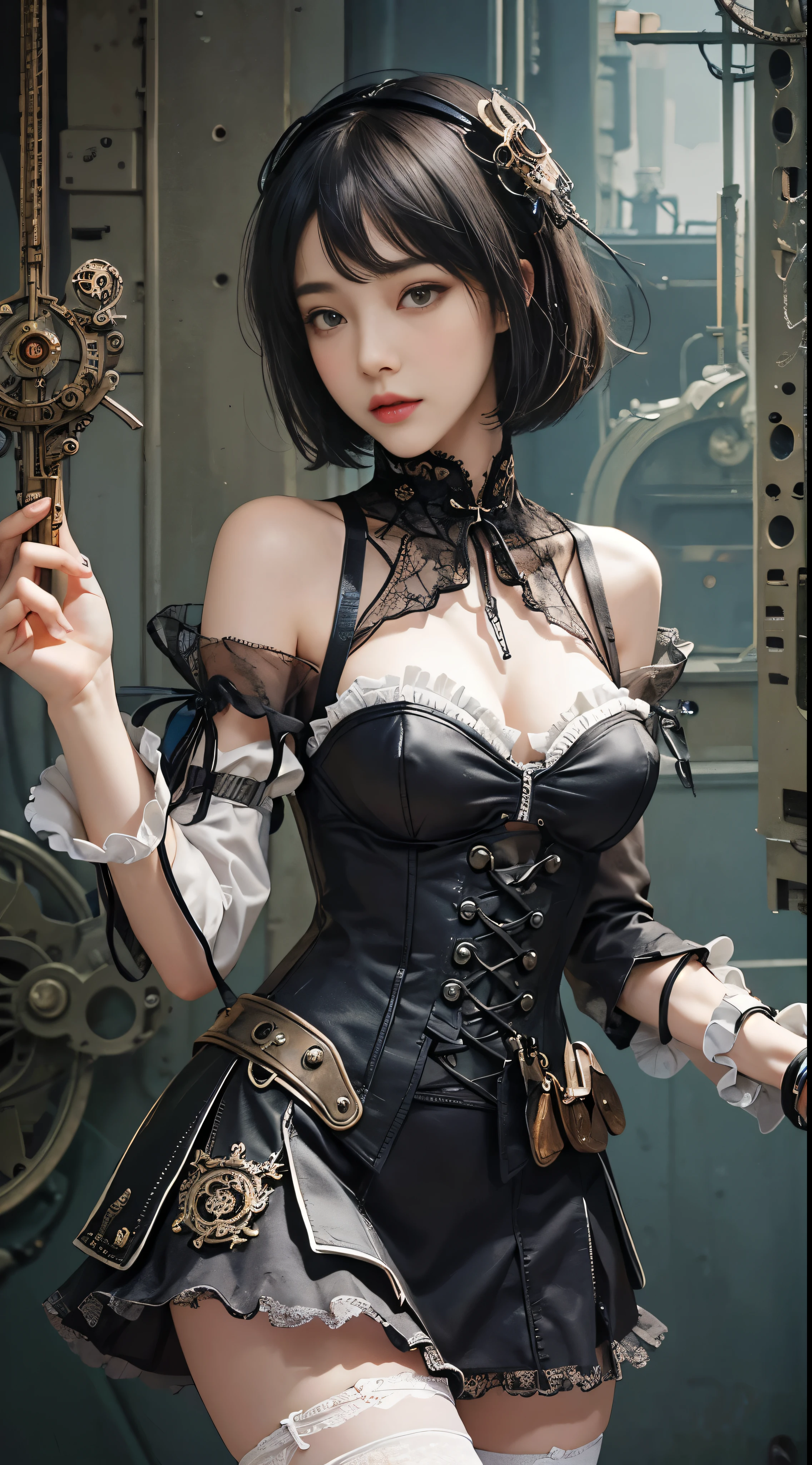 (((masterpiece, highest quality, Super detailed))), 1 female, (((very thin body))) , (((length, thin legs))), (((black short bob, thick fluffy bangs ))), (((highly detailed face))), No cosmetics, small and thin nose, thin mouth with small lips, (((Very sharp focused eyes))), Precise pale gray eyes with large slits, shine like a jewel, length eyelashes, ((Highly decorative intricate mechanical steampunk fashion, Lace Flare Mini Skirt, above the knee lace stockings, Lace Off Shoulder Lolita Fashion, Overly decorative fashion)), Abandoned Night, Complex mechanized steampunk factory catches fire and explodes, (((Overall accuracy has been dramatically improved, creating a Super detailed and realistic image))),  super realistic photos, (((steampunk gun)))