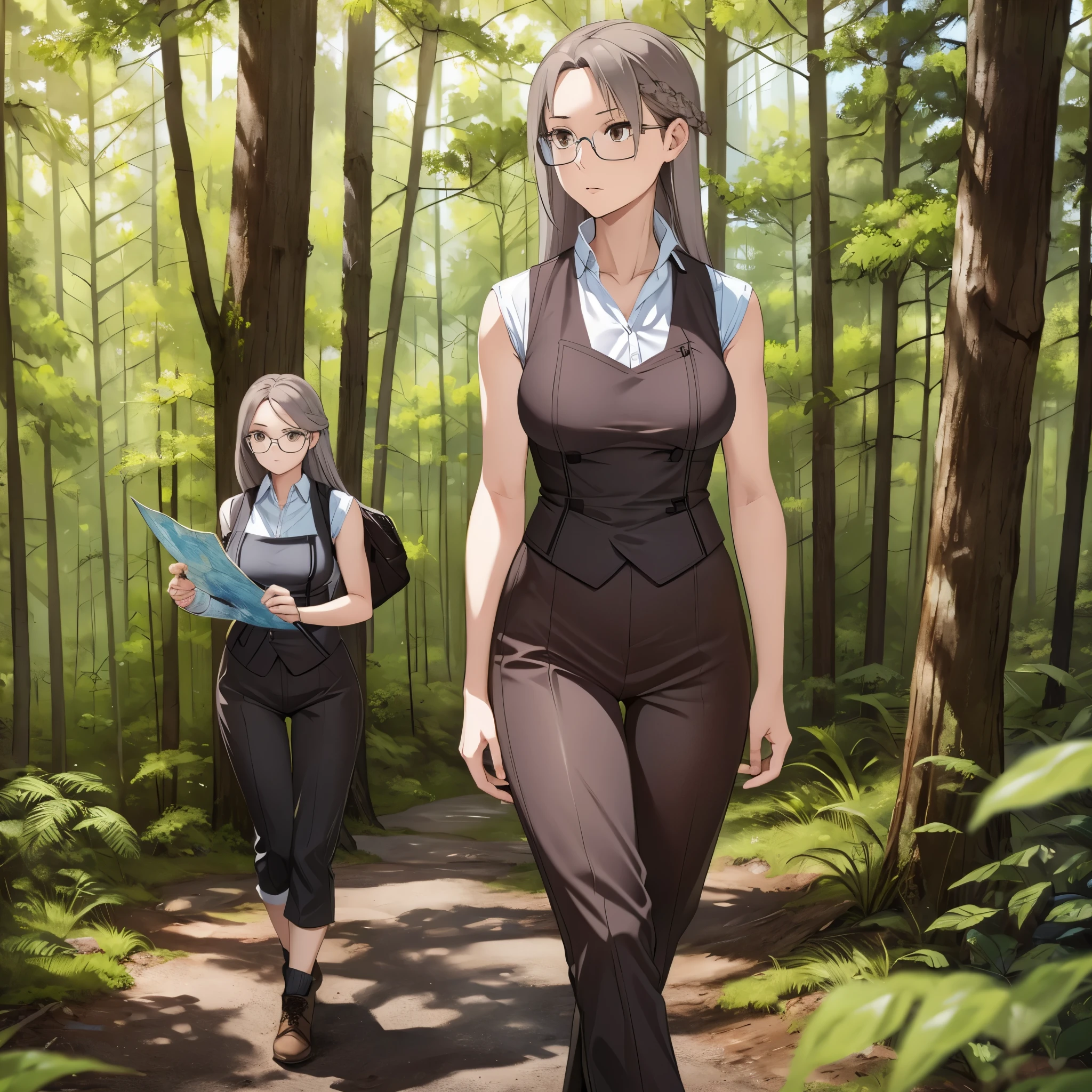 A woman wearing a sleeveless suit, brown adventurer pants, long gray hair, brown eyes,(just a woman), with explorer equipment, walking in a forest, holding a map, wearing glasses, high resolution, masterpiece, very detailed, 4h HD
