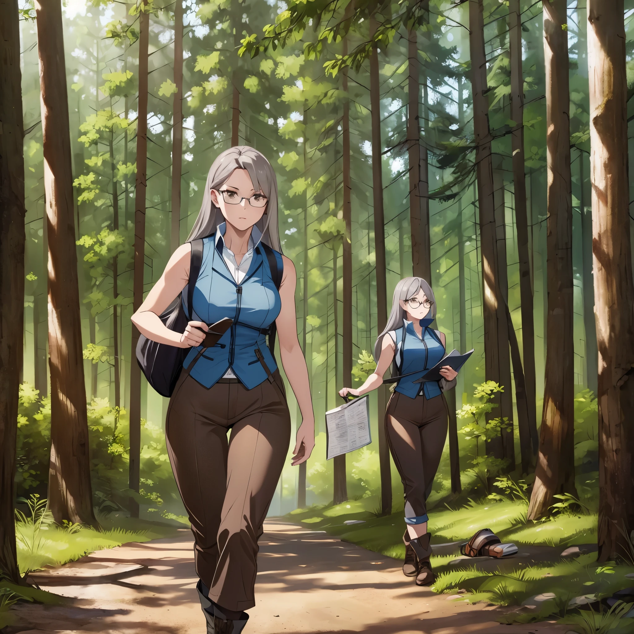 A woman wearing a sleeveless suit, brown adventurer pants, long gray hair, brown eyes,(just a woman), with explorer equipment, walking in a forest, holding a map, wearing glasses, high resolution, masterpiece, very detailed, 4h HD
