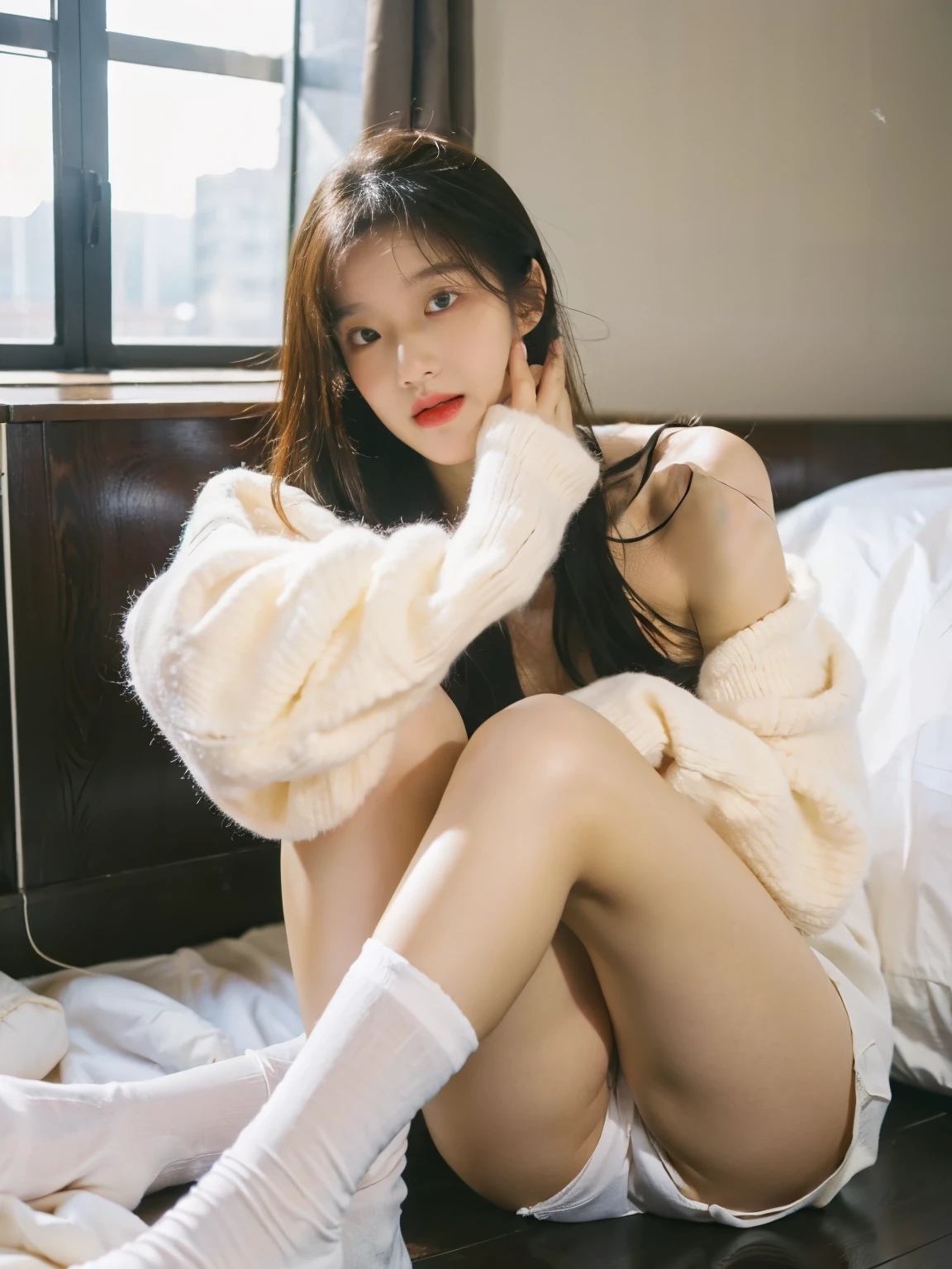 white stockings,best qualtiy,tmasterpiece,ultra high resolution,(realisticlying:1.4),age girl,Juvenile,Thin and light, eyes with brightness