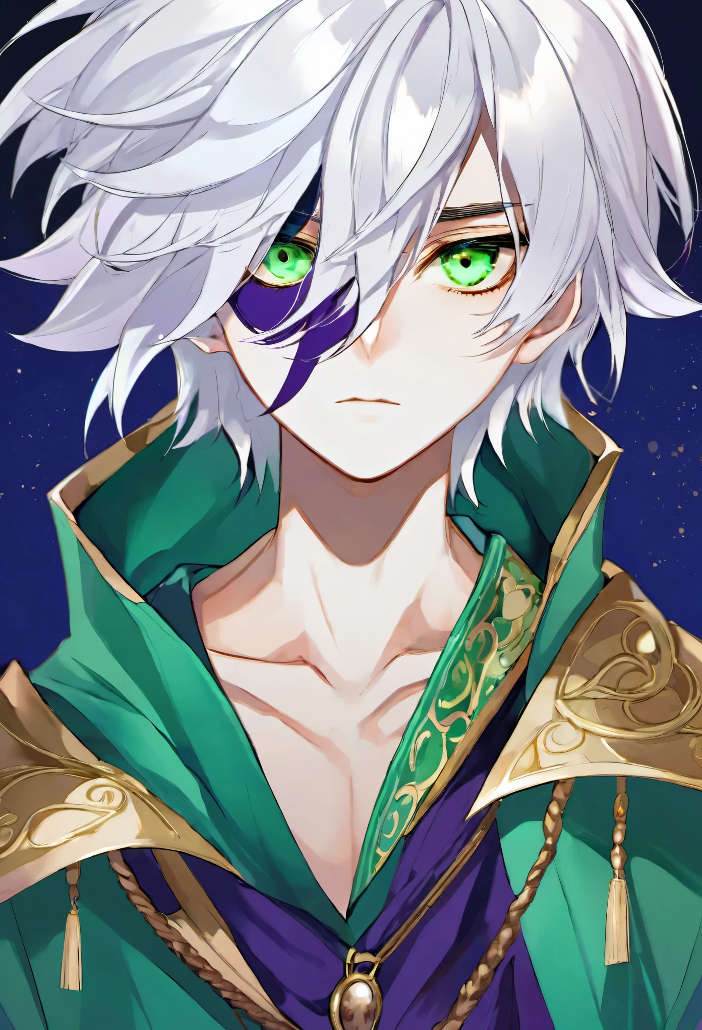 "White haired boy, Scar Z form down The eye, heterochromia one eye gold and the other jade green, purple clothing with small dark blue details"
