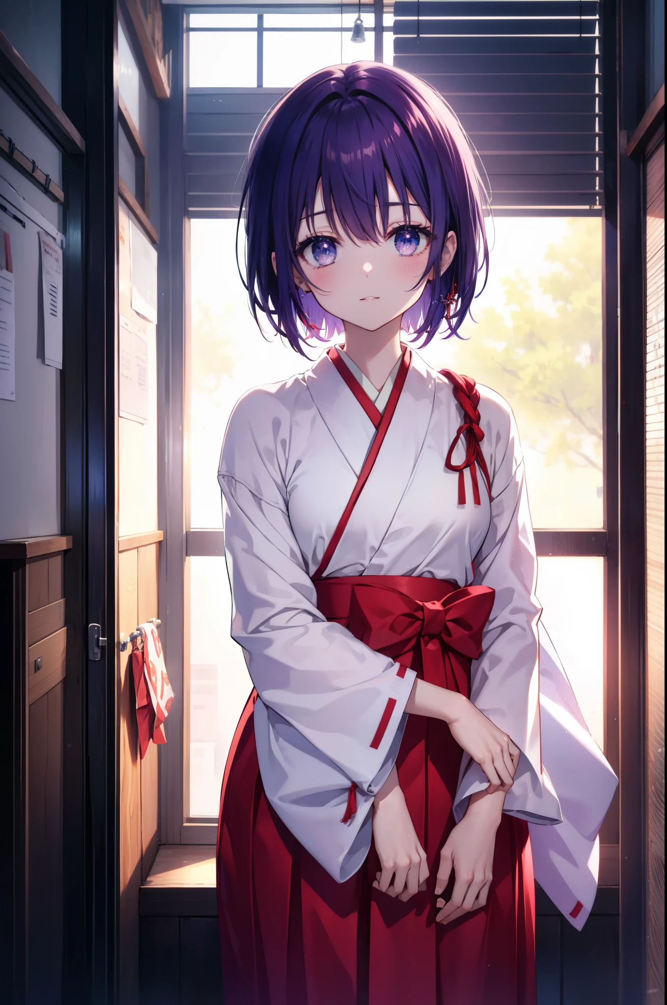 harunasairenji, haruna sairenji, hair ornaments, (purple eyes:1.1), purple hair, short hair, smile,blush,Platycodon,Miko,white kimono, kimono, red hakama,same as skirt, wide sleeve, long sleeve, ribbon trim sleeves, 
looking at the viewer, Are standing, 
break indoors, classroom,
break looking at viewer,Upper body (cowboy shot:1.5),
break (masterpiece:1.2), highest quality, High resolution, unity 8k wallpaper, (figure:0.8), (detailed and beautiful eyes:1.6), highly detailed face, perfect lighting, Very detailed CG, (perfect hands, perfect anatomy),