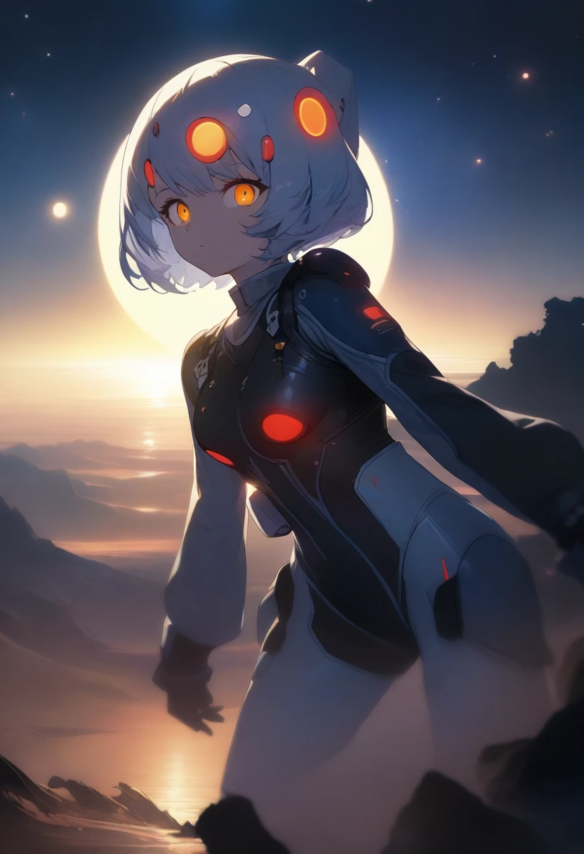masterpiece, best quality, very aesthetic, absurdres, Alien Landscape, night sky, detailed moon, detailed nebulas, moonlight, 1 female astronauts