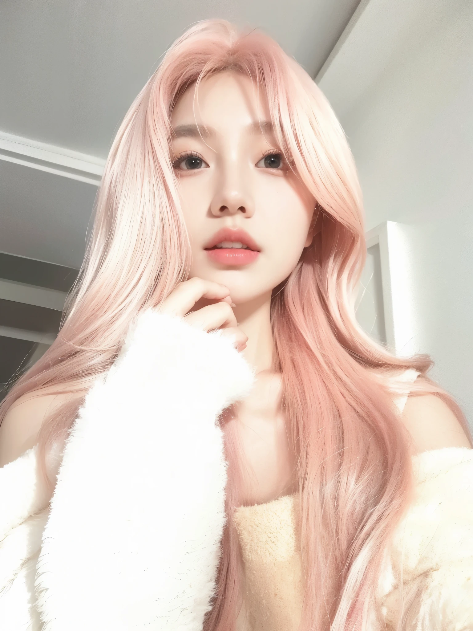 pink long curly hair,Sweet beauty,头发修的漂亮Naturally,Make the background more natural and beautiful,Increase hair volume,Naturally
