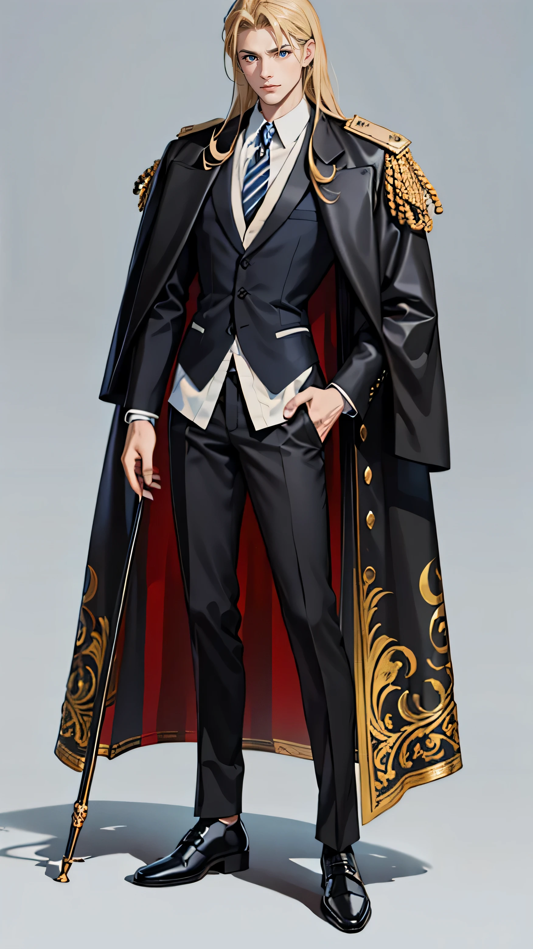 A male character wearing a black coat,Wearing a blue and white striped shirt under the coat,Black vest over shirt,Wearing black trousers and leather shoes,Long blonde hair,Holding a cane in his left hand,The coat has a dark red lining,Korean character design,Full body character design,masterpiece,best quality,lifelike,1man,male focus,Tall and muscular,hansome,Smile,Shut up,Suit,portrait,extremely detailed face,(White background)