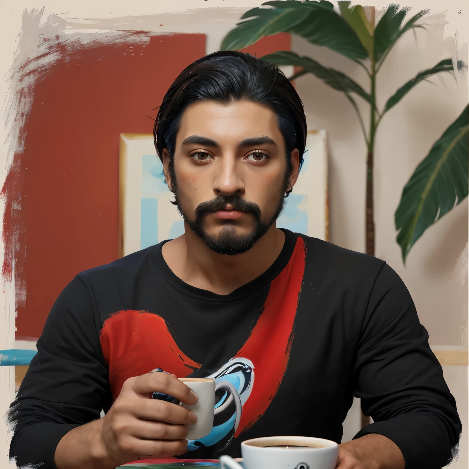 personaje masculino, ojos  cafes, PELO NEGRO, mascota un tucan, blue, ropa en tonos  rojos y negros, male , style illustration painting