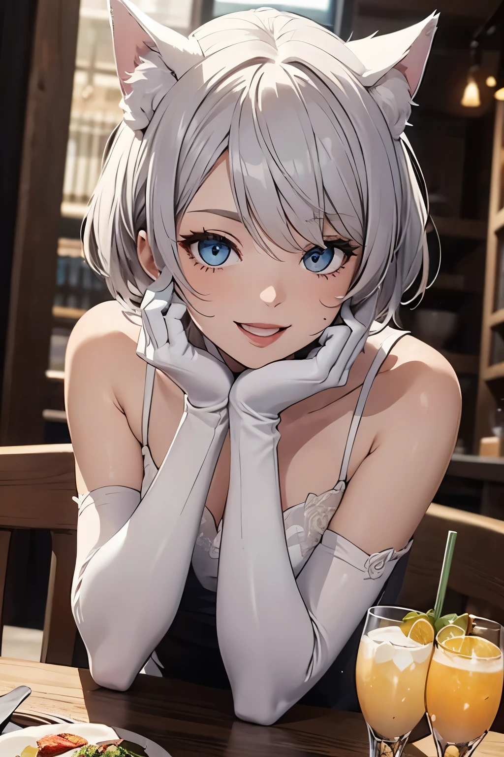 table top High level image quality best image quality 8K adult woman portrait white long gloves(elbow gloves) White bread cocktail dress(sleeveless)white wolf ears short hair((shortcut)(gray hair)(perm)(fluffy)) eye color is blue attractive face((laughter)(smile)(open your mouth)) beautiful feet Are standing view from below