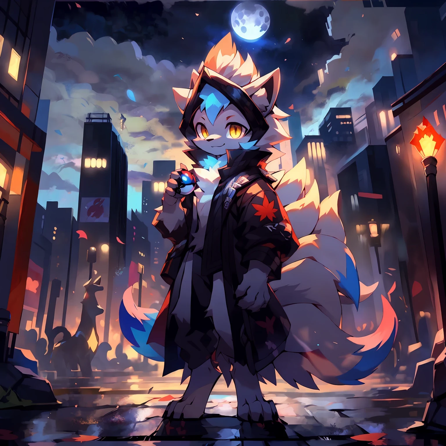 high-quality portrait, Highest definition, dramatic lighting, intricate details, sharp focus, a Ninetales, boy, ((Fake smile))), holding a pokeball, ((( \(parfect anatomy\)))), maple leaf, 9 tails, fluffy mane, golden eyes, short hair, fallen leaf（solo), Full body like, full moon, Modern City, ghost, blue flame, fox fire, night, digitigrade, Standing posture, Pokémon, multi tail, Urban streets, solo, Pokémon Ninetales, Masterpiece, 16k