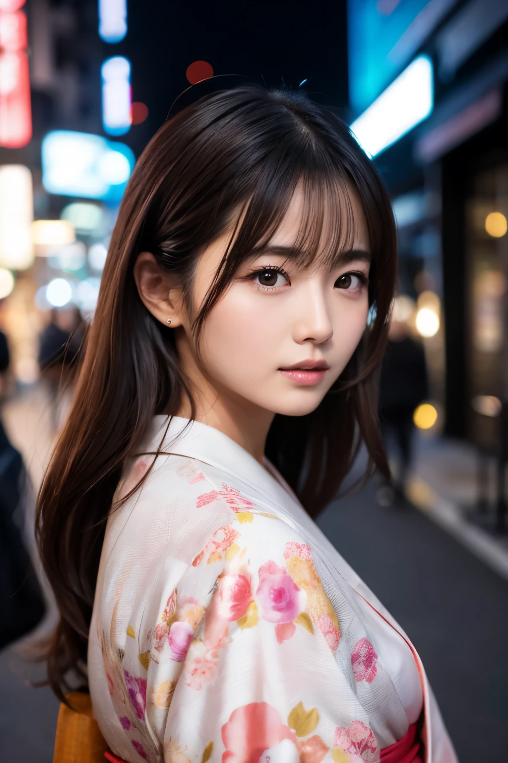 Beautiful Japanese supermodel woman, A lock of hair with slight highlights, black eyes, Sexy，street background，Gorgeous kimono , Liquid color flows across her face, Shooting against the light，Perfect facial lighting，mixed media