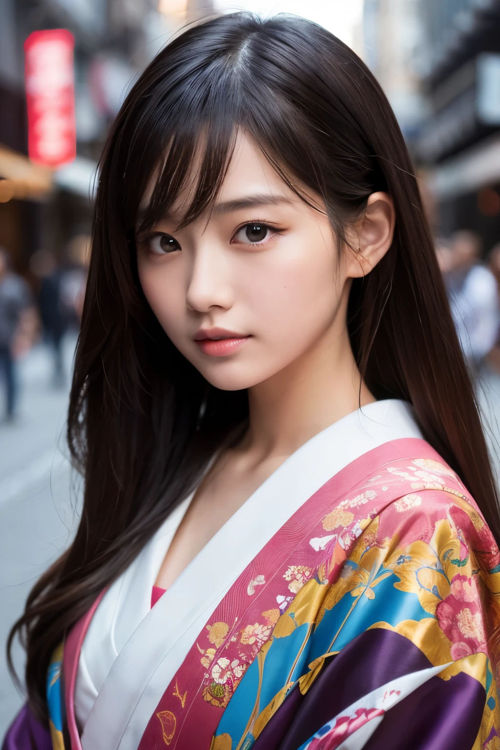 Beautiful Japanese supermodel woman, A lock of hair with slight highlights, black eyes, Sexy,street background,Gorgeous kimono , Liquid color flows across her face, Shooting against the light,Perfect facial lighting,mixed media