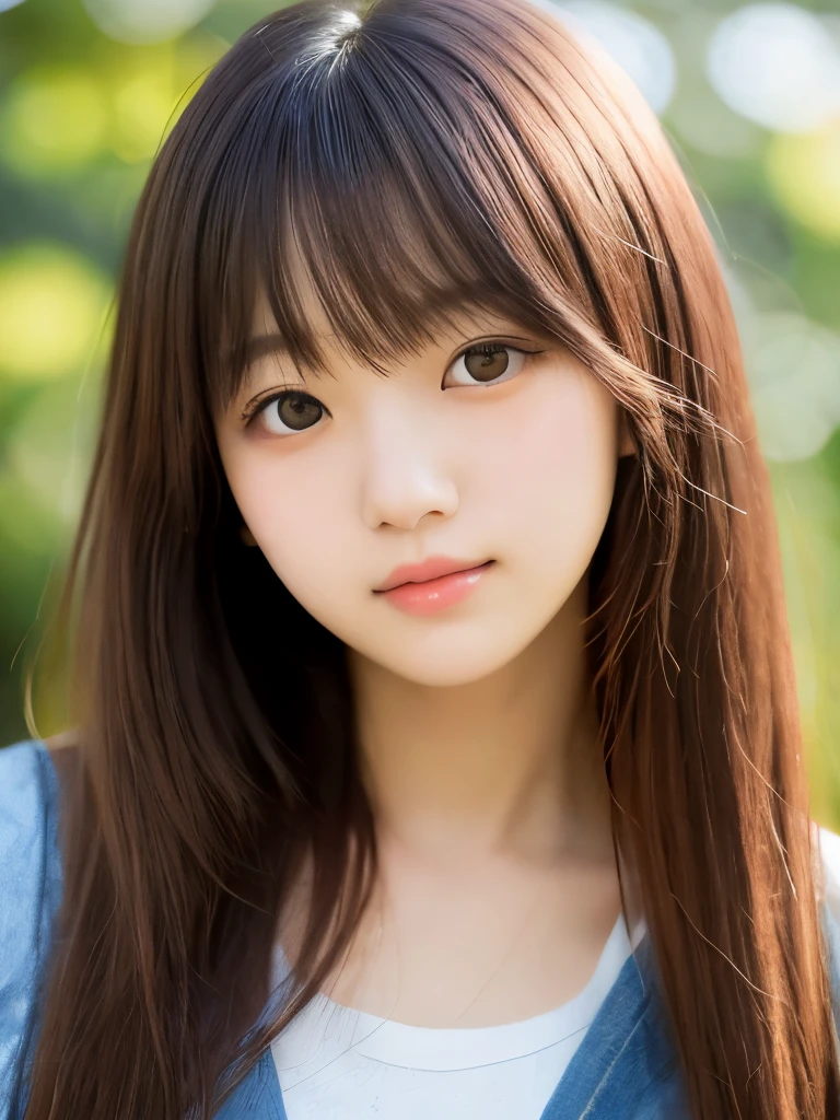 realistic pictureasterpiece、Highest image quality、cute japanese girl、beautiful japanese girl、1 girl、19 years old、highly detailed faceと肌の質感、refinement、highly detailed face、beautiful girl、long hair、Mion Mukaiji、With bangs、cute girl、(plump lipouth slightly open、