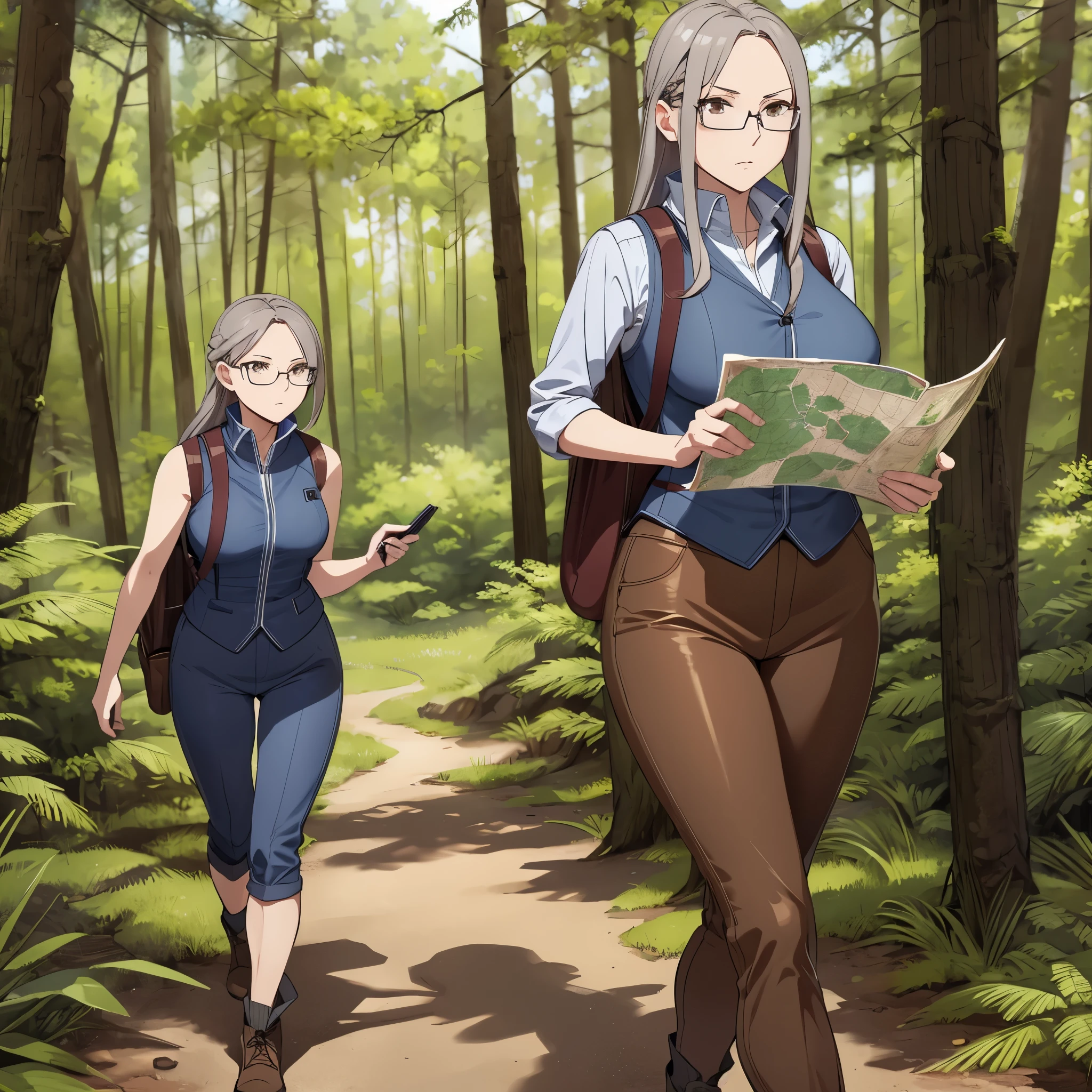 A woman wearing a sleeveless suit, brown adventurer pants, long gray hair, brown eyes,(just a woman), with explorer equipment, walking in a forest, holding a map, wearing glasses, high resolution, masterpiece, very detailed, 4h HD
