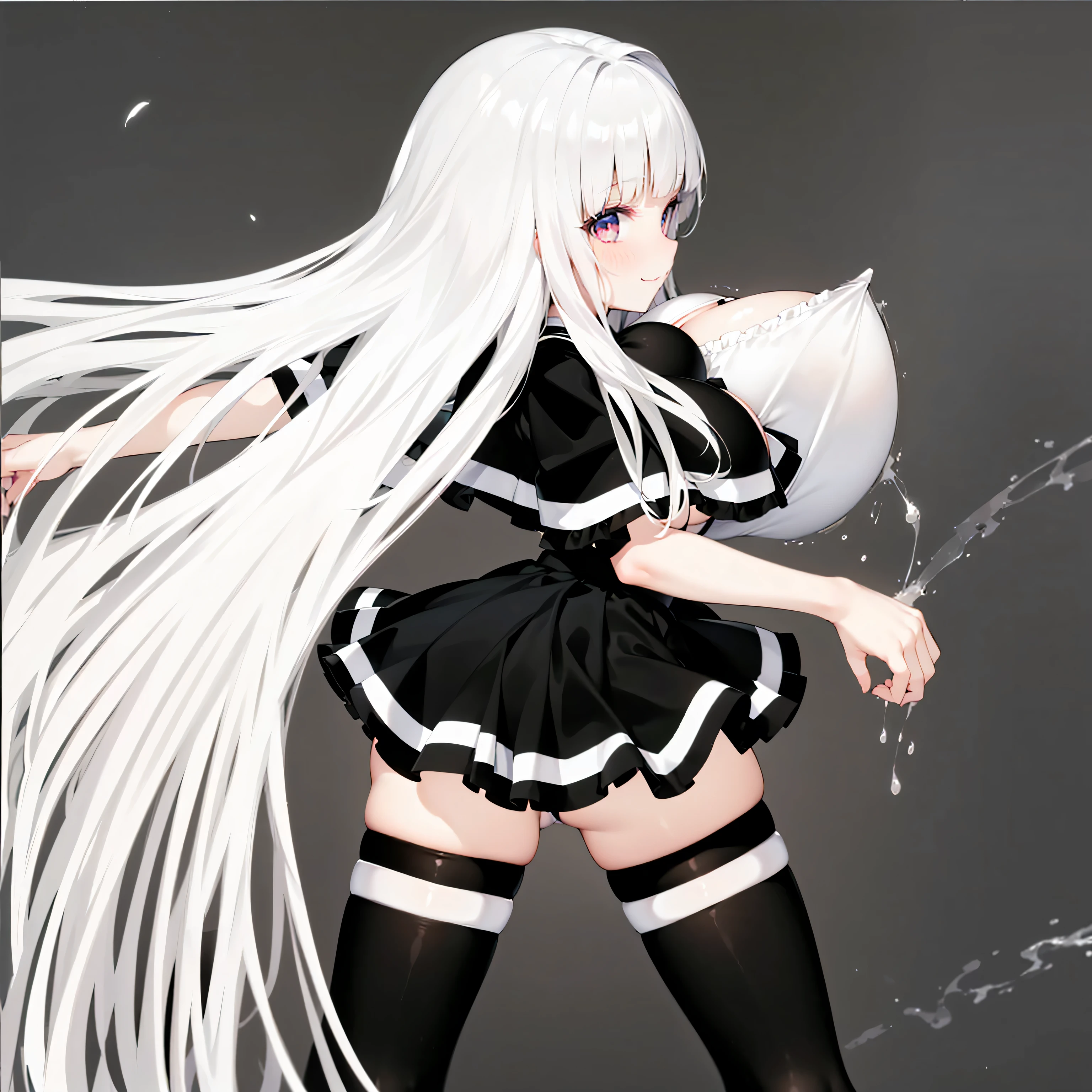 1 skinny short girl looking back, swaying back, absurdly long straight white hair, blunt bangs, (bouncing unaligned inconceivably huge breasts:1.5), inconceivably thin waist, short black capelet, (thigh gap), too short skirt, looking at viewer, multicolored rainbow eyes, frilled white shirts, smile for viewer, nose blush