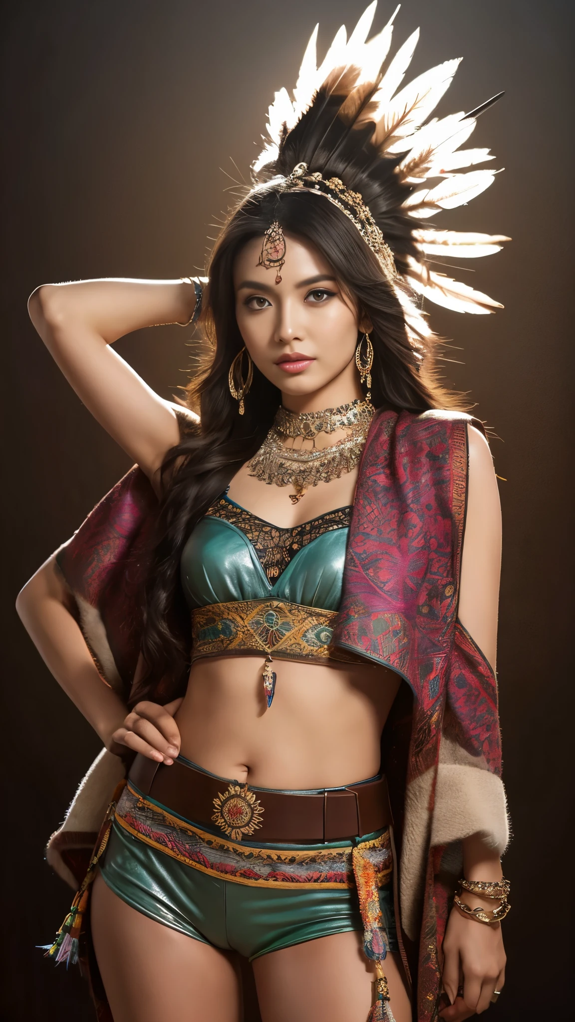 Native American beauty posing in a dance pose, Luxury leather poncho with intricate embroidery, flowing tulle, feather hair ornament, war bonnet, tattoo, brown skin, Indian Jewelry, native american pattern, A long and colorful transparent belt on the arm, navel ribbon, shoulder, head, arm ring ribbon, wreath, bracelet, anklet, Metal chain tassel around the waist, sun god background, ink wash, Popular CGstation, masterpiece, recent quality, High resolution details, 32k