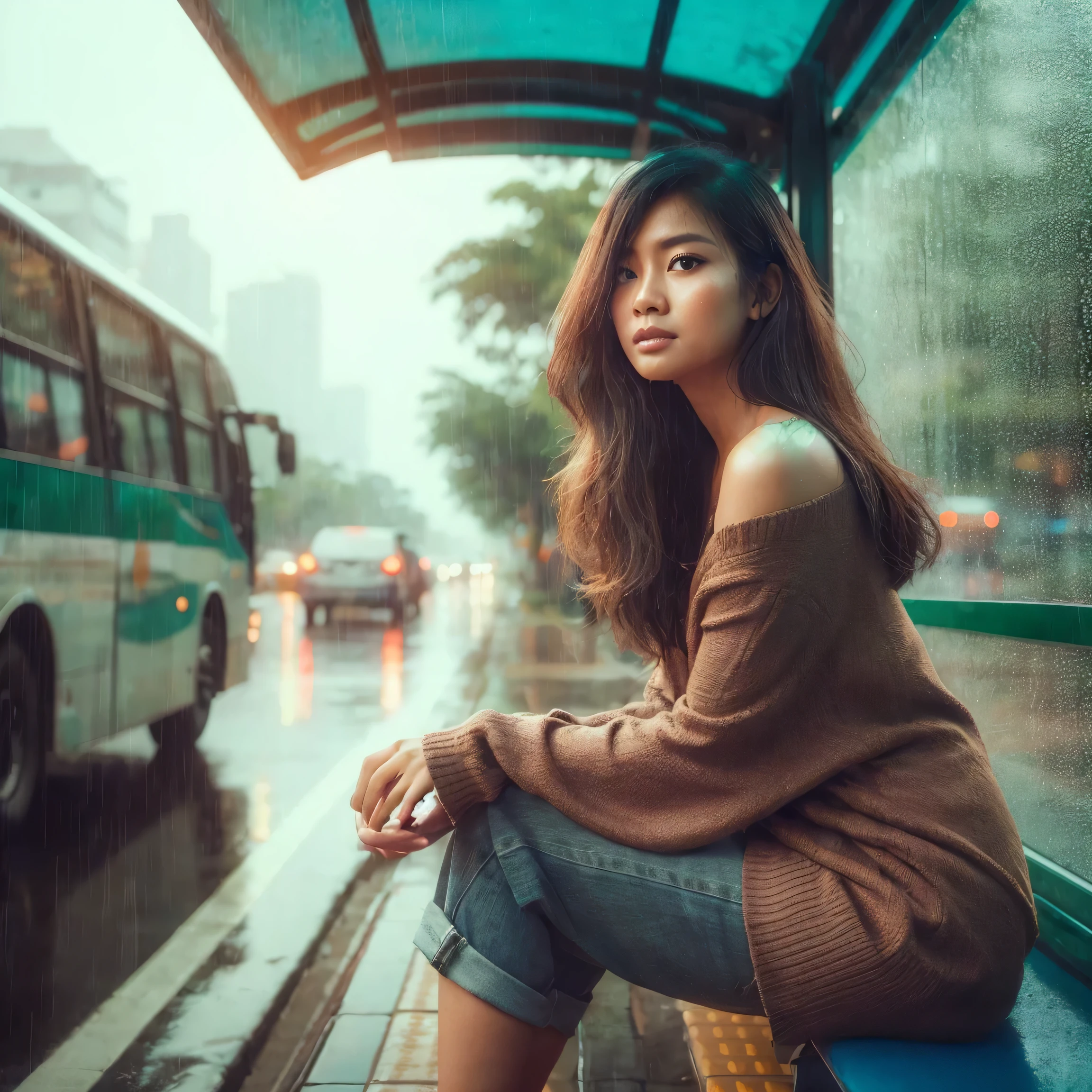 beautiful indonesian woman Sitting at the covered bus stop looking at the road ahead. Rain sprinkle on the street. photography and light art style, cinematic,hyper realistic, very detailed