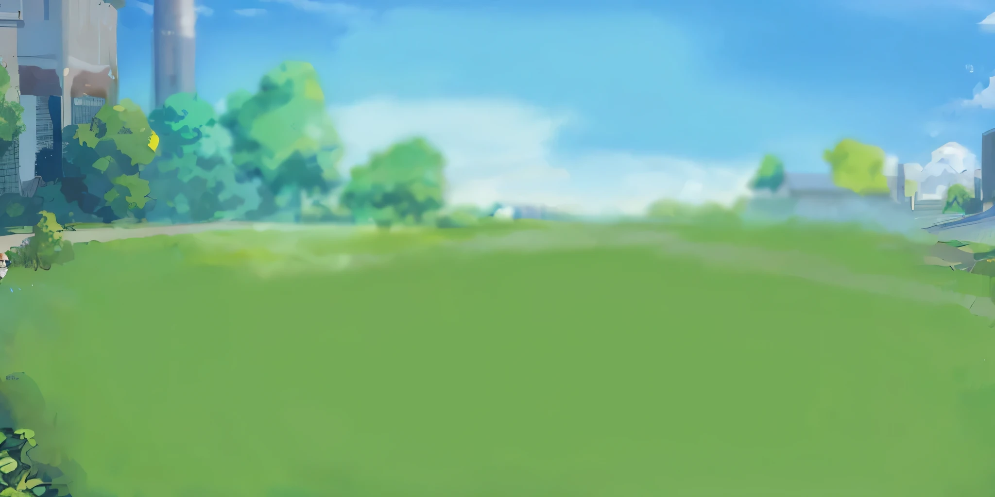 Anime style city image，There are green fields and blue sky, some background blur, Distant village background, park background, videoGame background, background art, Game background, breeze background, field background, background artwork, downtown background, landscape background, anime rural scenery, Background super detailed, field blur, mobile Game background, savannah background, grassland