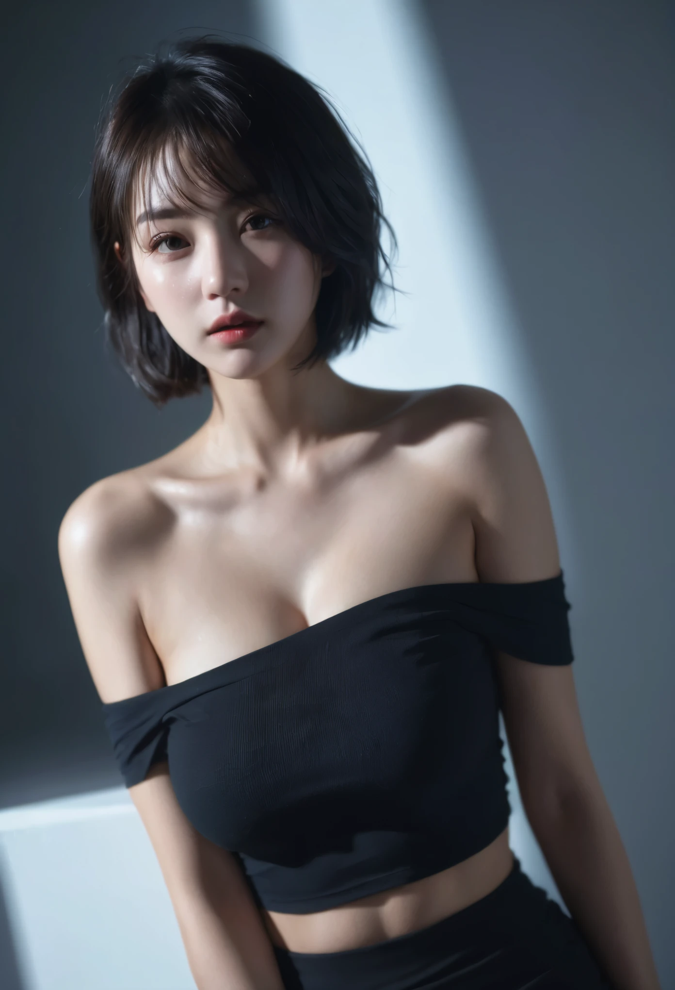 Best quality, masterpiece, ultra high res, (photorealistic:1.5), raw photo, 1girl, offshoulder, in the dark, deep shadow, low key, cold light, sexy look, short hair,xxmixgirl,yinglight, Half body photo,nsfw