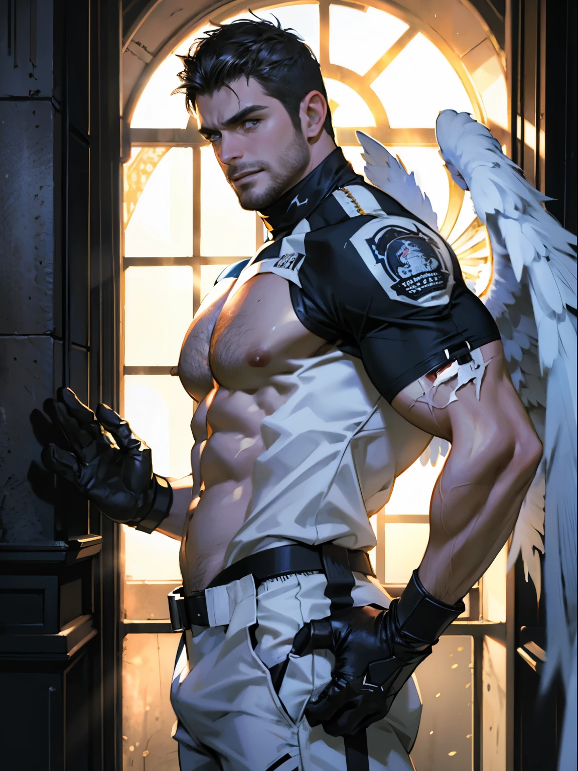 ultra high resolution, melhor qualidade, foto, 4k, (fotorealistic:1.4), cinematic lighting, a male angel with large translucent wings,homem musculoso, Abdominal muscle, vestindo armadura medieval de ouro, penas detalhadas, ambiente ciberpunk, neve e meio ambiente ao fundo, catedral de , portal do futuro, volumetric light, High definition, Magia, deus luz, backlight, rosto detalhado, contrastado,