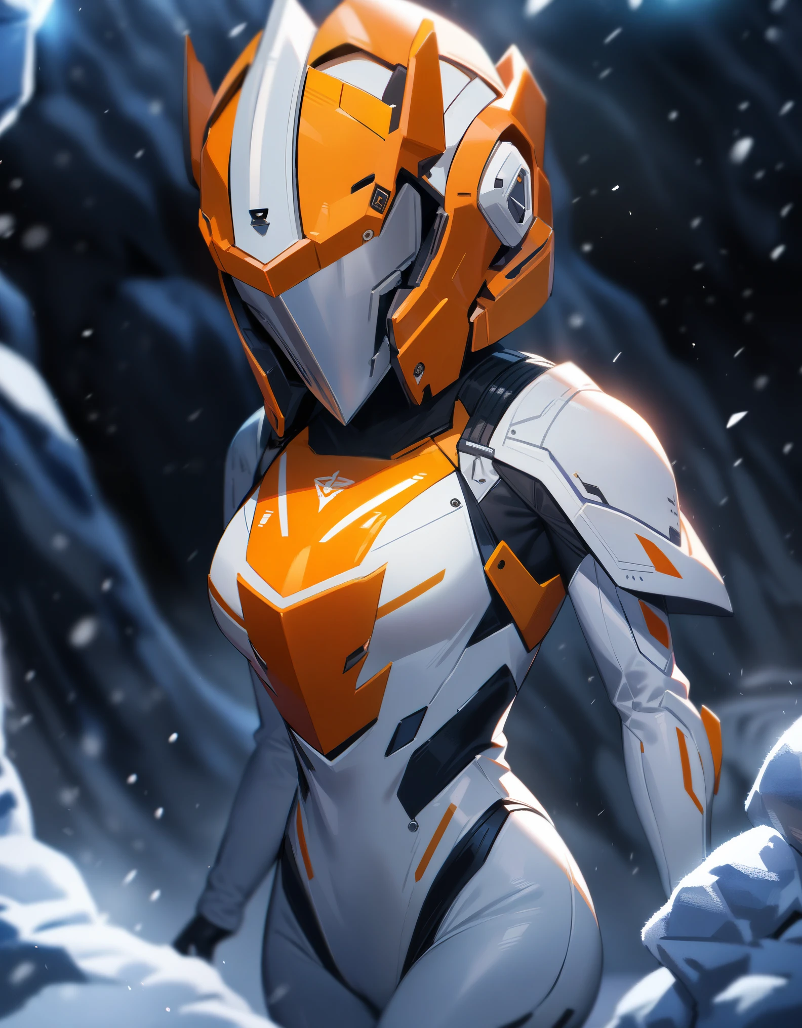 1girl,solo,Sala,original,full face helmet,no face , no hair,green eyes,white body suit,orange heavy armor,cowboy shot,in ice age planet,blizzard,Science fiction,ultra-detailed,sharp focus,aesthetic,(best quality)