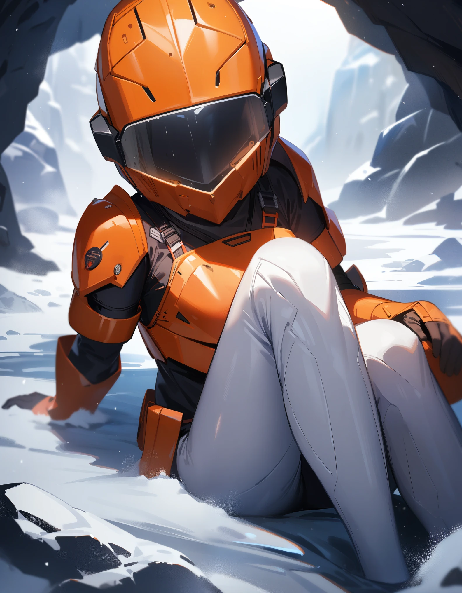 1girl,solo,Sala,original,full face helmet,no face , no hair,white body suit,orange heavy armor,elbow on knee, cowboy shot,in ice cave,blizzard Outside the cave,siting on ice,Science fiction,ultra-detailed,sharp focus,aesthetic,(best quality)