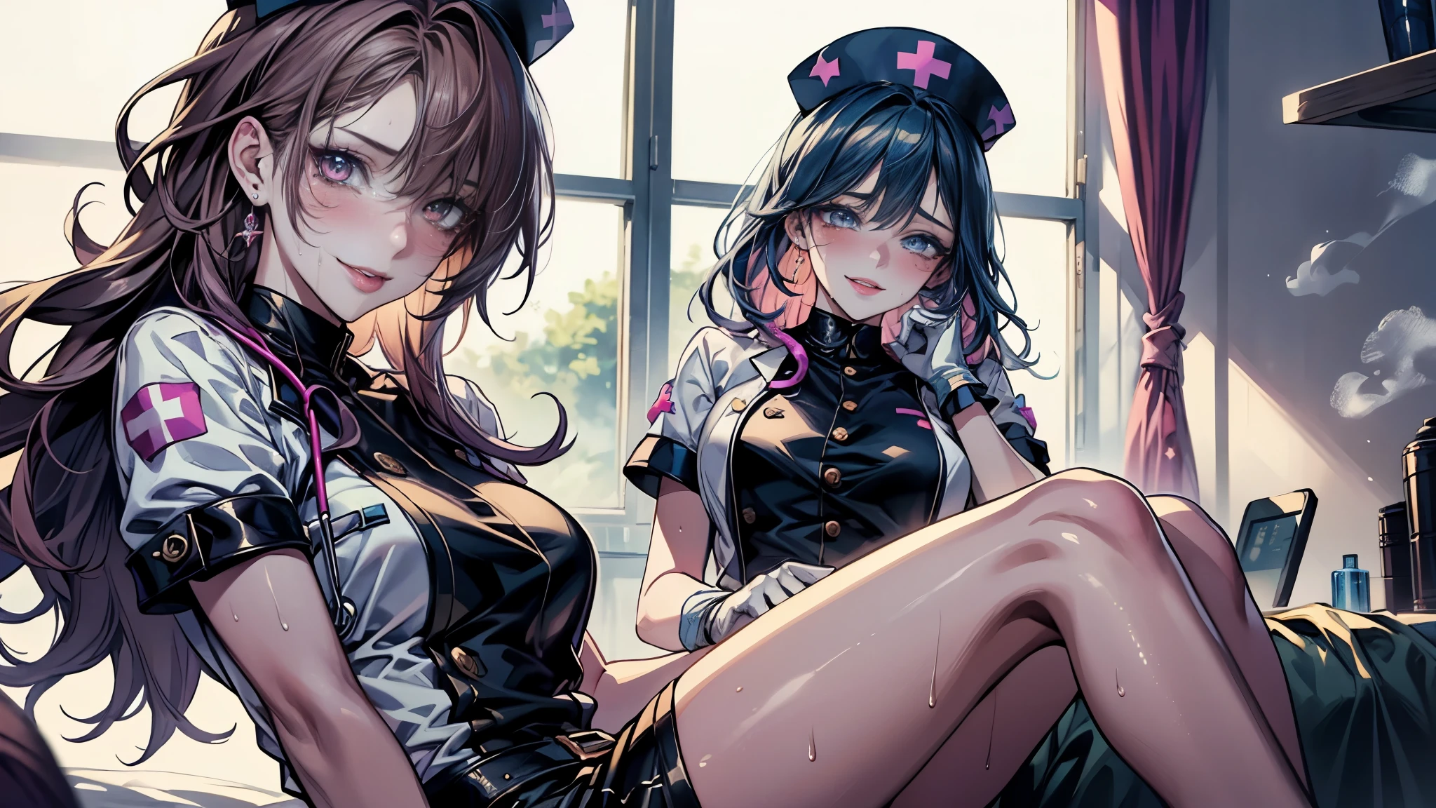 ((Best quality, 8K, Masterpiece: 1.3, 1girl, Beautiful girl)), cute, Dynamism, Detailed face, Detailed skin, detailed clothes, Detailed eyes, Detailed lips, Detailed tongue, Detailed fingers, Detailed mouth, Photorealistic, Raw photo, highres, Natural lighting, dynamic pose, perfect anatomy, toned legs, double eyelids, tear bags, round eyes, moist lips, sweaty, nurse cap, nurse costumes, hospital, Medical Clinic, nursing position, Medical gloves, rainbow hair, blush, ecstatic face, steam:1.2, looking at viewer, smile
