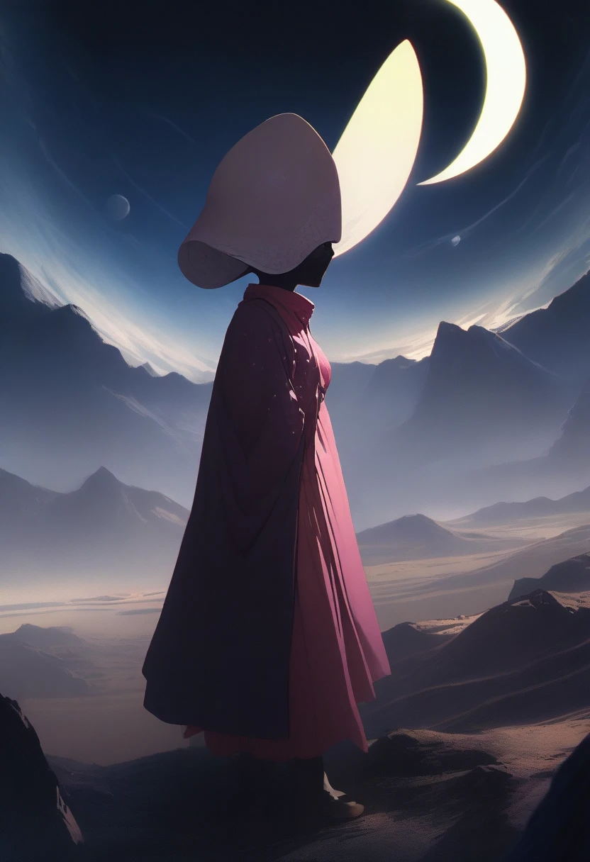 masterpiece, best quality, very aesthetic, absurdres, Alien Landscape, night sky, detailed moon, detailed nebulas, moonlight, 1 female astronauts