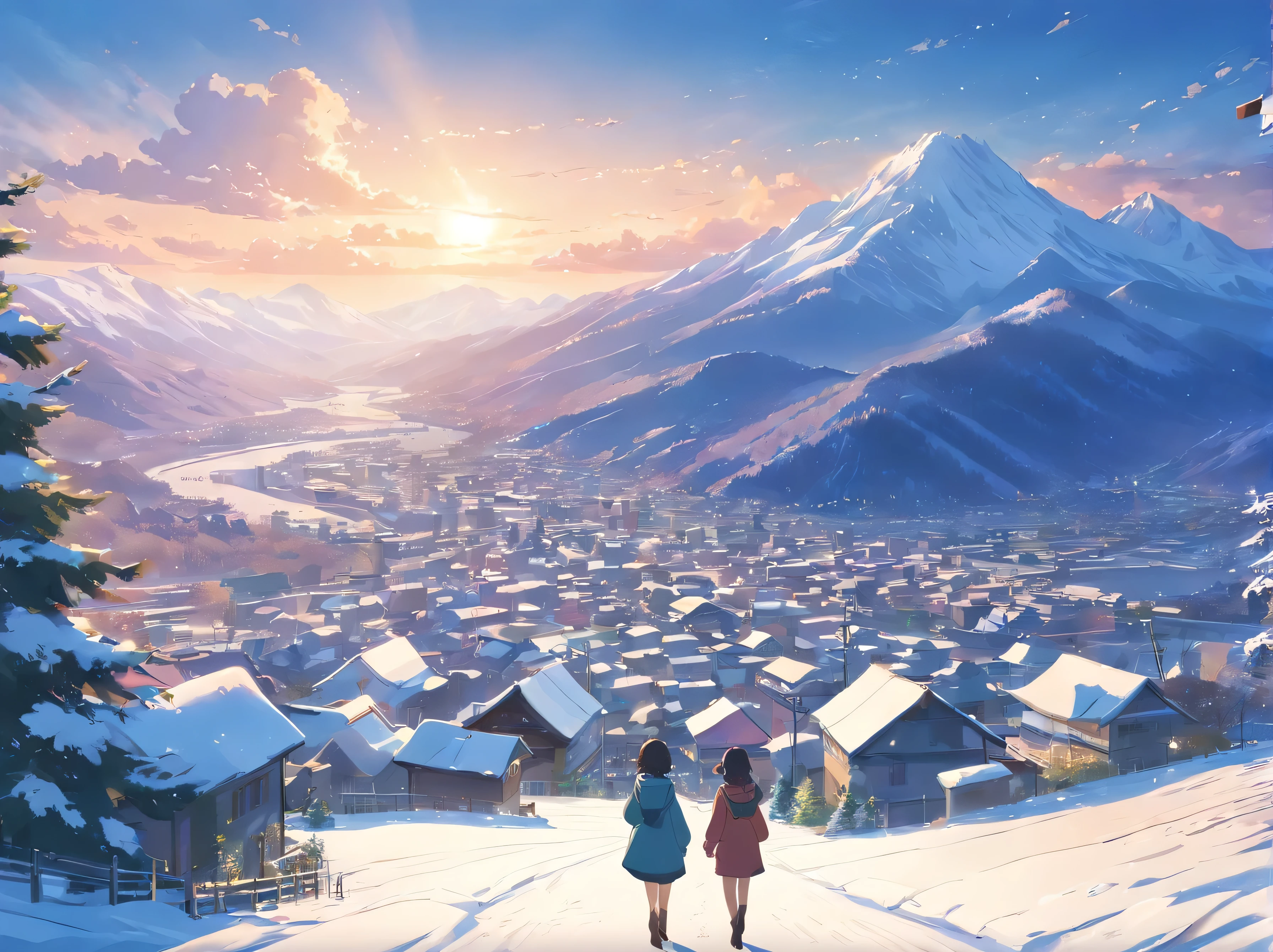 The mountains are covered with snow., Tree, the town below, site, There is something playing in the distance., my stomach is cloudy., Japanese cartoons, HD