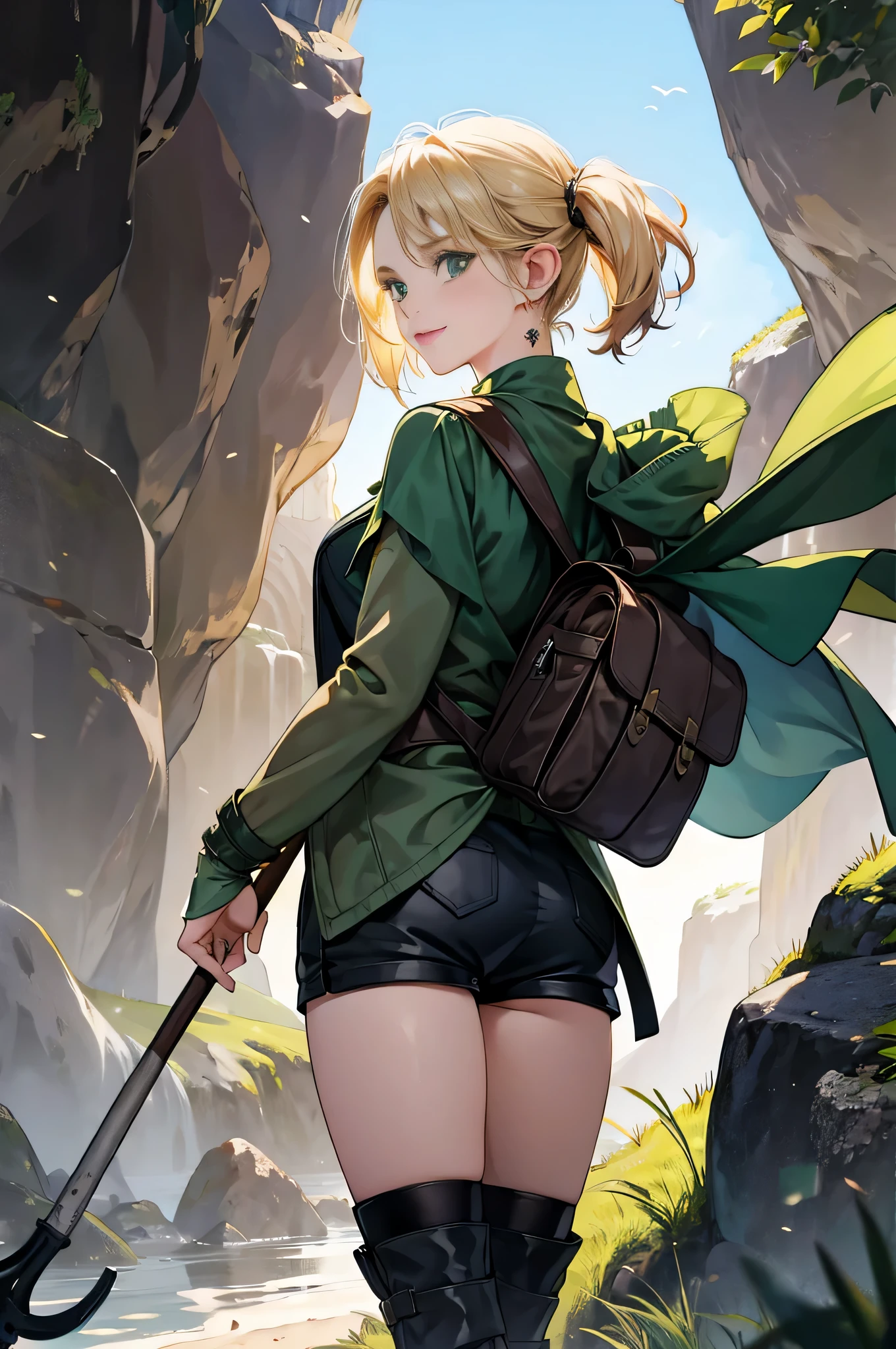 (((((girl))))), masterpiece, ultra detailed, 8K Portrait, Raw photo, woman's portrait photography, full body, Highly detailed smile face, ((Fantasy)), (((hobbit))), ((Adult)), 45 years old, 110cm, (((cave explorer))), ((white skin)), greenish blond twin tail hair, (wearing a helmet), (((dark green silk long cloak))) Fluttering in the wind, (((explorer safari jacket))), leather grooves, (((short pants))), (((large back pack))), (((equip a pickaxe))), Midday sun, Hyper realistic, Slender body, by the foggy castle, Ambient lighting, Shadow details , Camera focus on face, strong breeze, Light fog