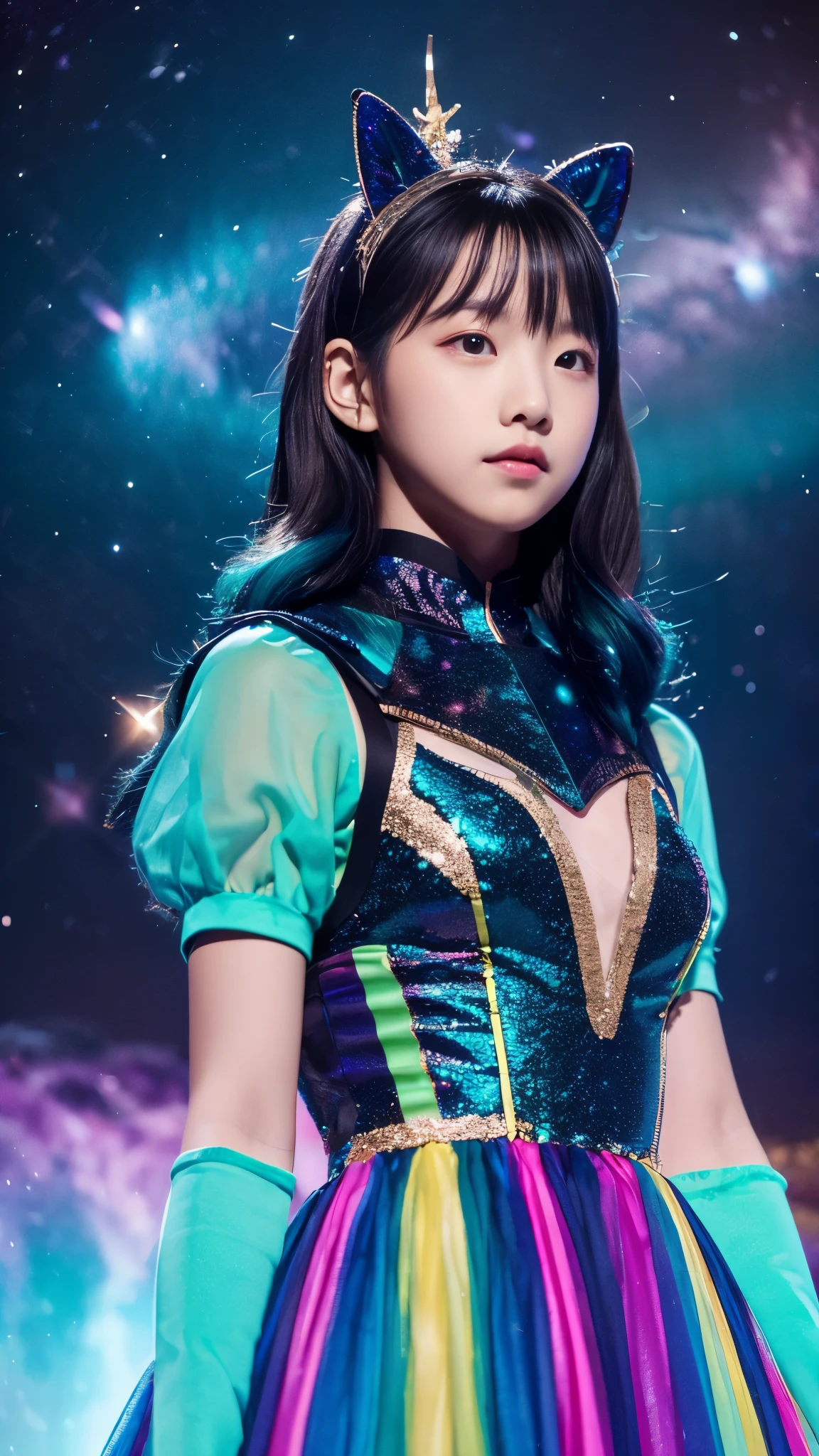 Girl with iridescent hair and detailed teal dress armor, Are standing, rainbow colored space nebula background, performer, Milky Way, intricate details, perfect face