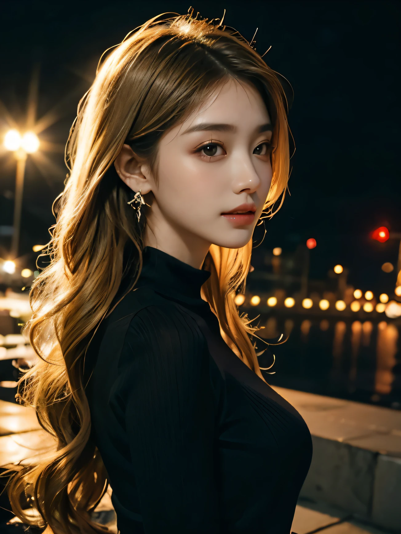 clear delicate skin,whitening bare skin,smile a little,blonde long hair,inner color,korean woman,Cute Gal,Beauty,older sister,black knit clothes,8K high quality,Back view of the city at night,big breasts,good eyes,Beautiful earrings,red eyes