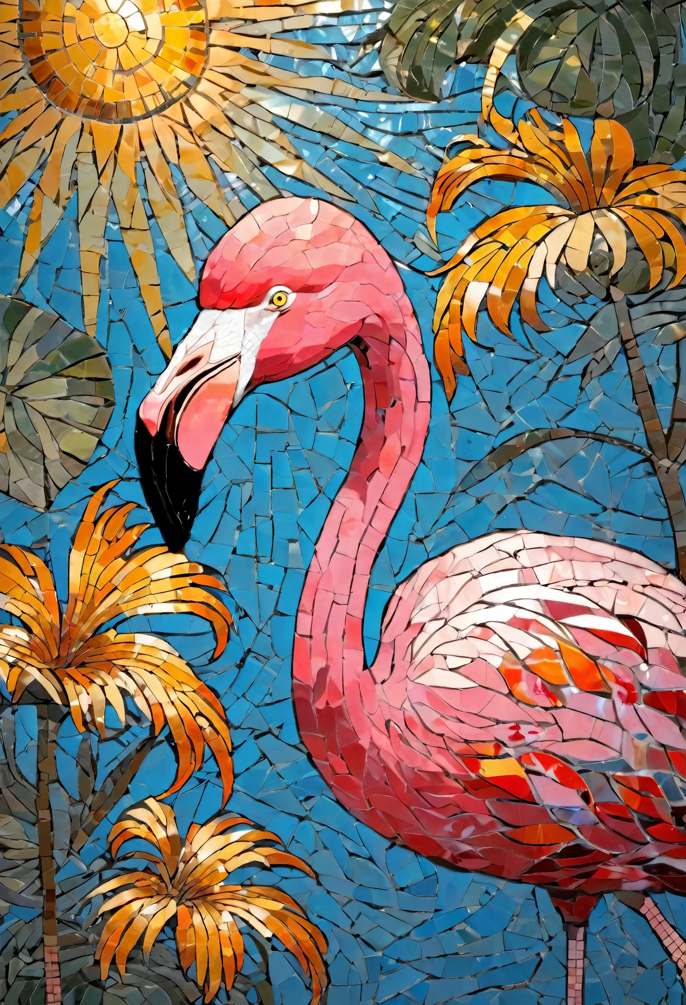Portrait of flamingo and flower adventurer ,radiation mosaic:1.2, catch the sun:0.8, Like shards of glass that infuse warmth and energy into the space:0.4 Flash and Dance.