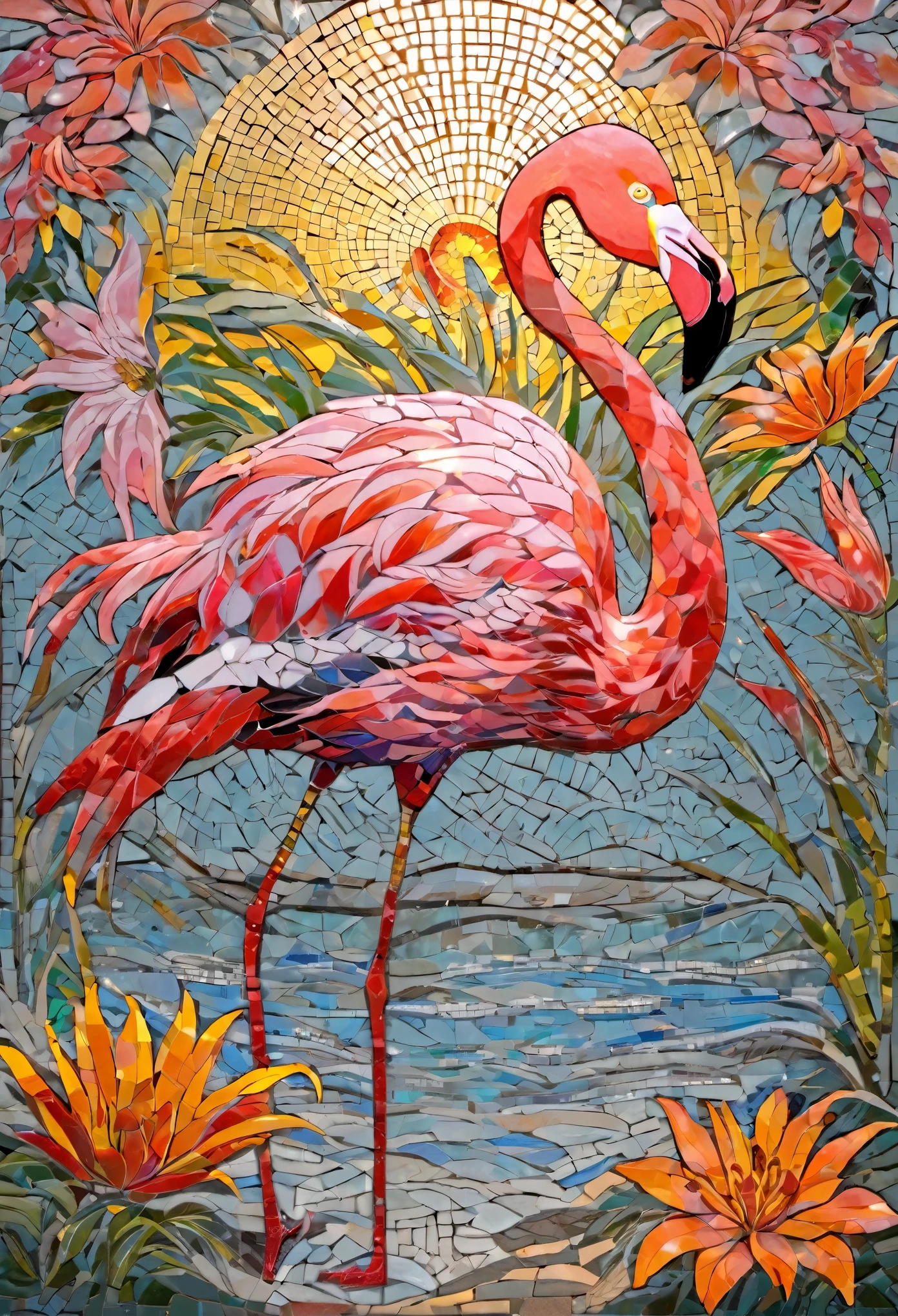 Portrait of flamingo and flower adventurer ,radiation mosaic:1.2, catch the sun:0.8, Like shards of glass that infuse warmth and energy into the space:0.4 Flash and Dance.