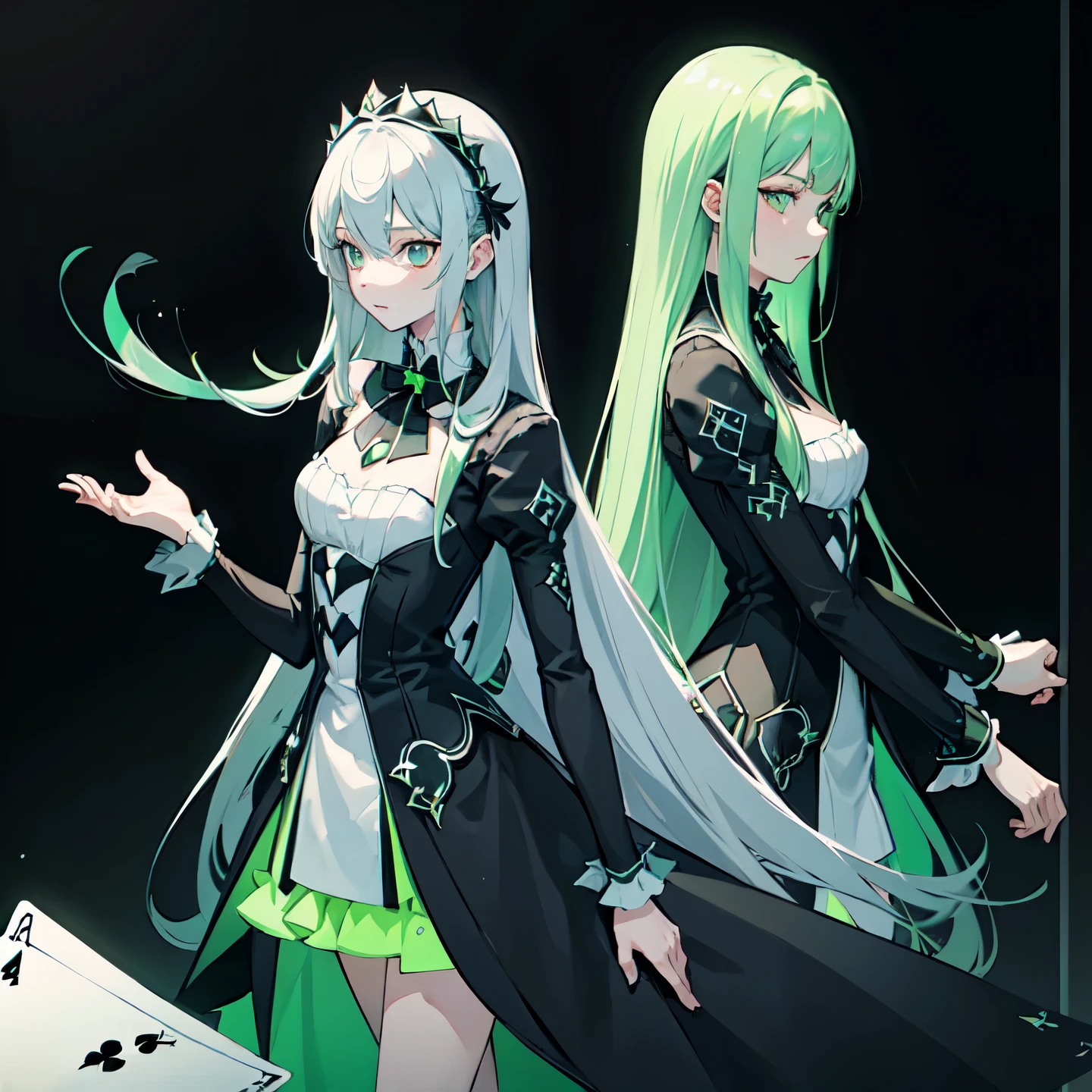 a long hair girl ,a line of many playing cards in gray rock and green neon, conrtneo, intricate details (vertically floating: 1,2) on a smooth black mirror surface, reflections, volumetric lighting, 8k uhd, ultra-sharp, ultra-detailed