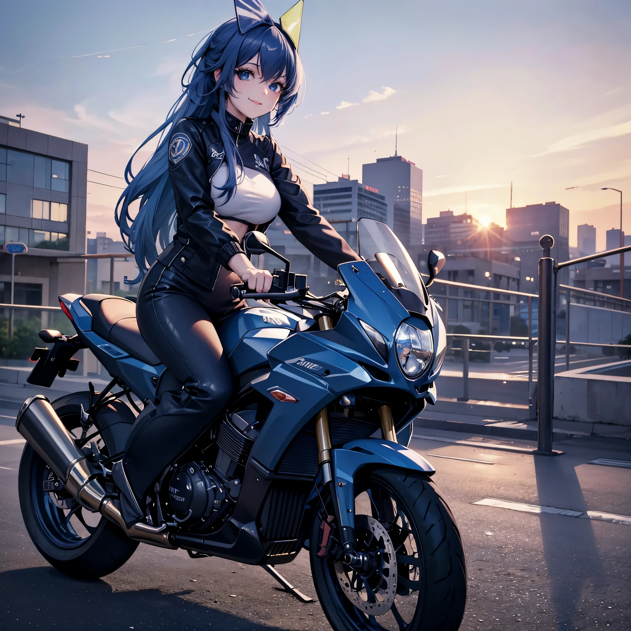 a woman in casual clothes, leaning on a motorbike, in a car parking lot, background building, sunset, long blue hair, blue eyes, smiling, high quality, ultra resolution, very detailed, 4k hd
