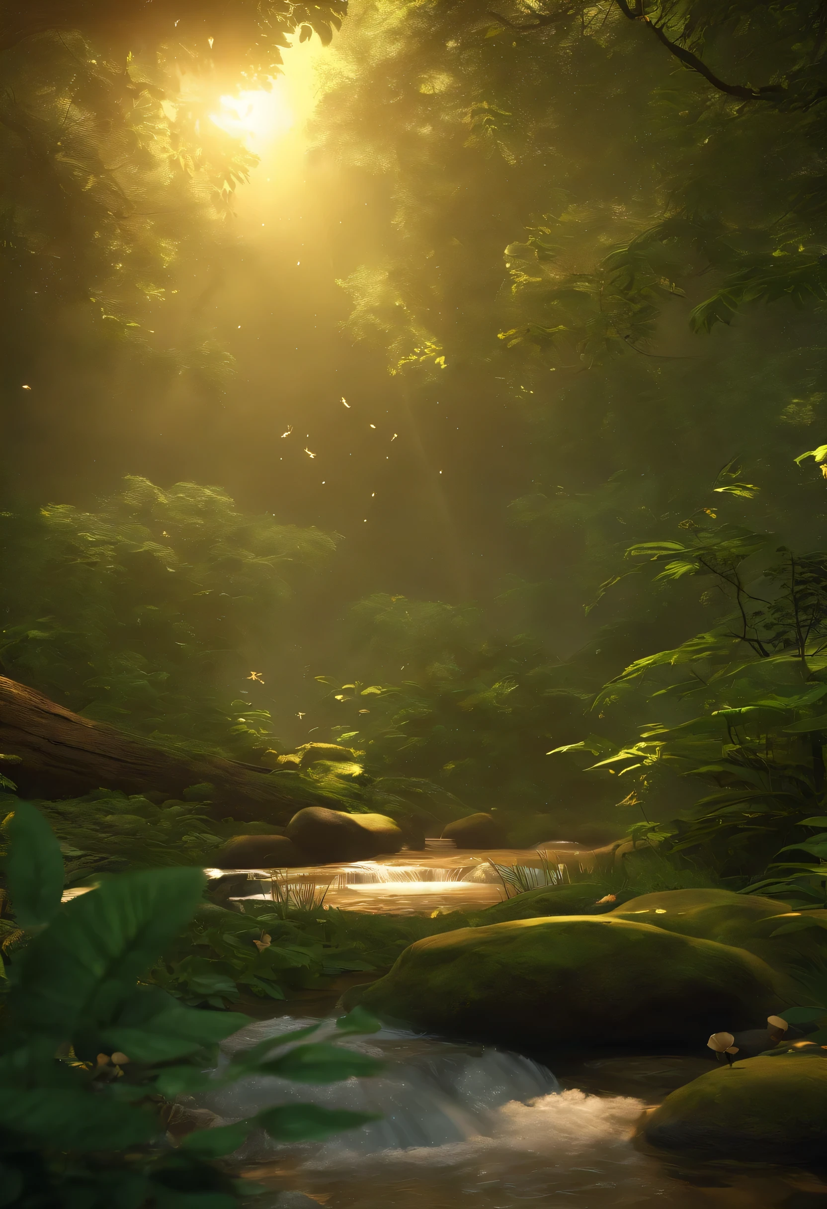 Masterpiece, best quality, (very detailed CG unity 8k wallpapers), (best quality), (best illustrations), (best shadows), forest theme with natural elements. Tall trees, quiet streams, glowing little mushrooms, surrounded by delicate leaves and branches, with fireflies and glowing particle effects,, (natural elements), (jungle theme), (leaves), (branches), ( fireflies), butterflies, (delicate leaves), (glow), (particle effects). , isometric 3D, Octane rendering, ray tracing, super detailed