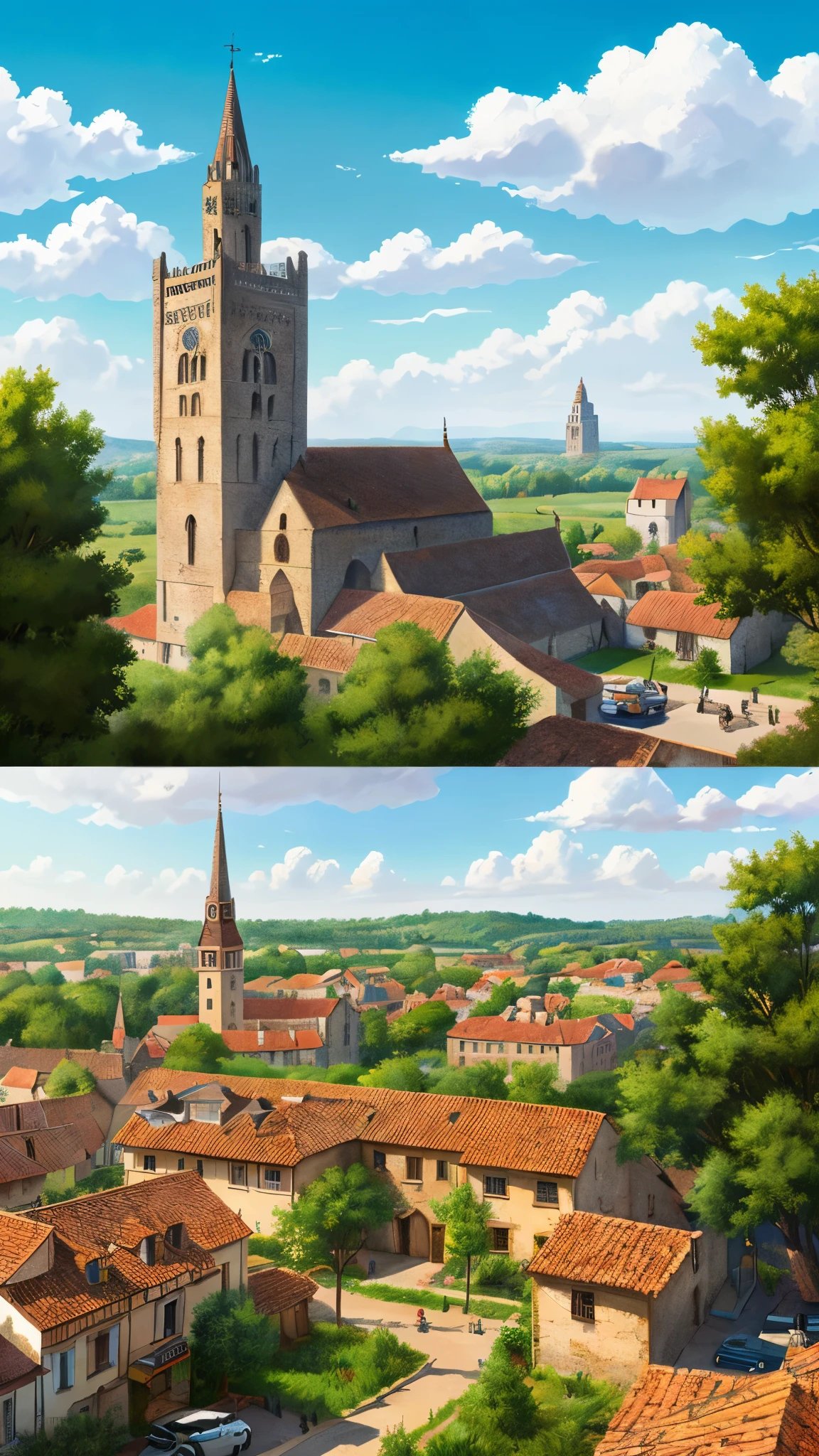 ((masterpiece)),((highest quality)),((high detail)),((realistic,)) ((super detailed)) small medieval town landscape, cartoon artist illustration, Aeria view, beautiful sky, deformed cloud, 1.3:pine tree, tower.