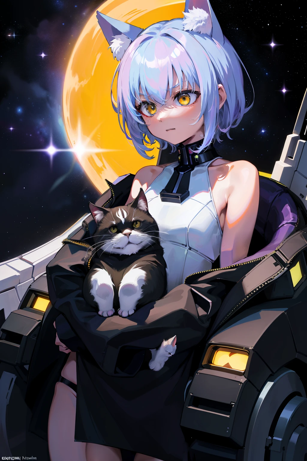In the vast expanse of space, a sleek and futuristic spaceship hummed quietly, its engines barely a whisper against the silence of the cosmos. Inside this marvel of technology, a curious cat explored its intricately designed corridors, its yellow eyes wide with wonder at the breathtaking view of the cosmos beyond. The background was a magnificent canvas of stars, galaxies, and nebulae, their colors dancing across the black void as the spaceship glided through the emptiness. The cat, ensconced in its cozy nook, gazed out at the awe-inspiring sight, its tail twitching with excitement. Sleek lines, state-of-the-