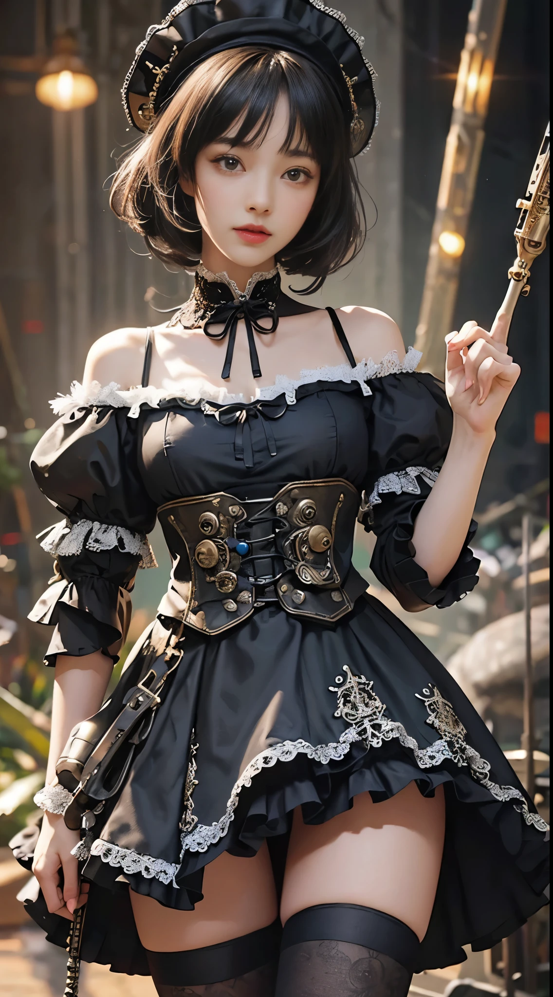 (((masterpiece, highest quality, Super detailed))), 1 female, (((very thin body))) , (((length, thin legs))), (((black short bob, thick fluffy bangs ))), (((highly detailed face))), No cosmetics, small and thin nose, thin mouth with small lips, (((Very sharp focused eyes))), Precise pale gray eyes with large slits, shine like a jewel, length eyelashes, ((Highly decorative intricate mechanical steampunk fashion, Lace Flare Mini Skirt, above the knee lace stockings, Lace Off Shoulder Lolita Fashion, Overly decorative fashion)), Abandoned Night, Complex mechanized steampunk factory catches fire and explodes, (((Overall accuracy has been dramatically improved, creating a Super detailed and realistic image))), super realistic photos, (((steampunk gun)))