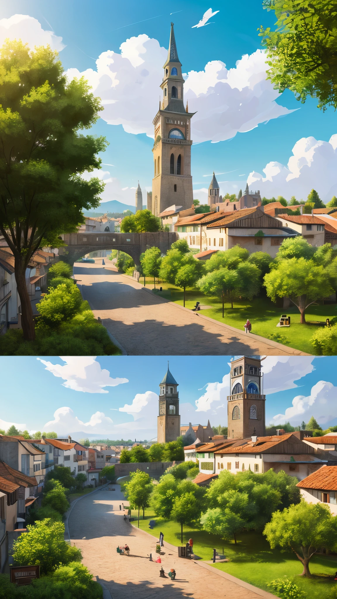 ((masterpiece)),((highest quality)),((high detail)),((realistic,)) ((super detailed)) small medieval town landscape, cartoon artist illustration, Aeria view, beautiful sky, deformed cloud, 1.3:pine tree, tower.