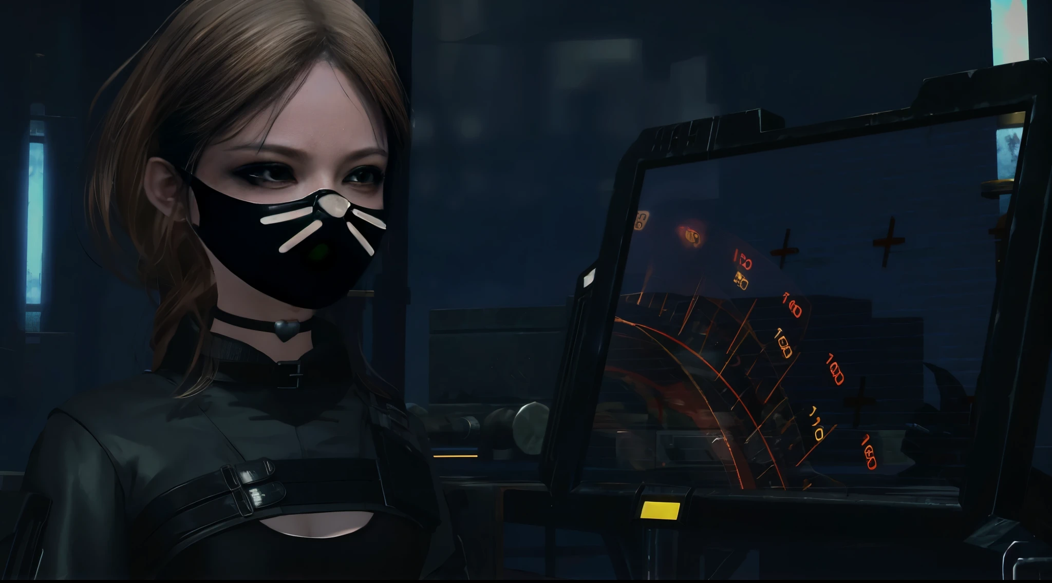 il y a une femme en tenue noire et un masque de chat, Wearing an all-black Mempo mask, des notes de Yayoi Kasuma, dark visor covering the face, visage cyberpunk, very detailed face, Nouveau personnage, personnage de jeu vidéo Katana Zero, dark visor covering the top of the face, cyberpunk anime girl in hoodie, cyberpunk anime girl, female cyberpunk anime girl