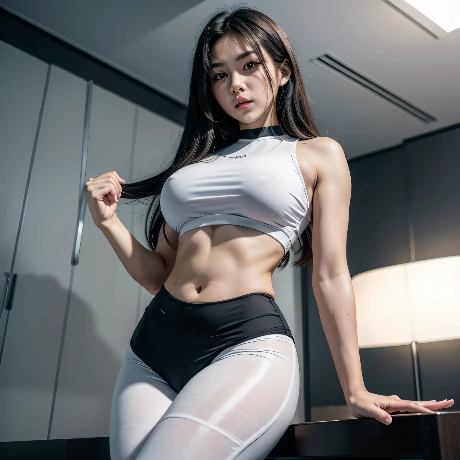 araffe asian woman in a white top and black leggings posing for a picture, tifa lockhart, tifa, fit girl, sporty physique, thicc, skinny waist and thick hips, tight outfit, irelia, attractive body, tight attire, with abs, wearing tight simple clothes, perfect body, sultry body with sexy belly, attractive sporty physique